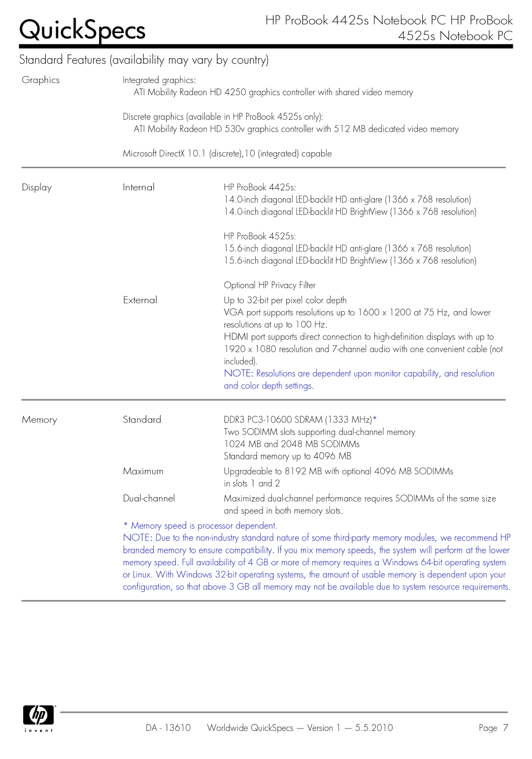 HP 4525S manual Included, Color depth settings, Speed in both memory slots, Memory speed is processor dependent 