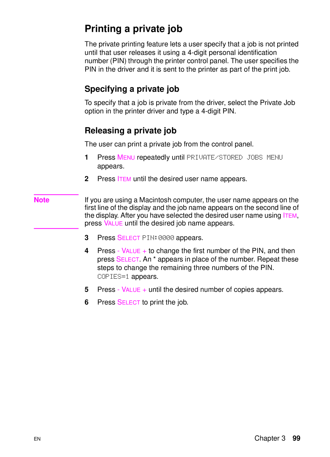 HP 4550 manual Printing a private job, Specifying a private job, Releasing a private job 