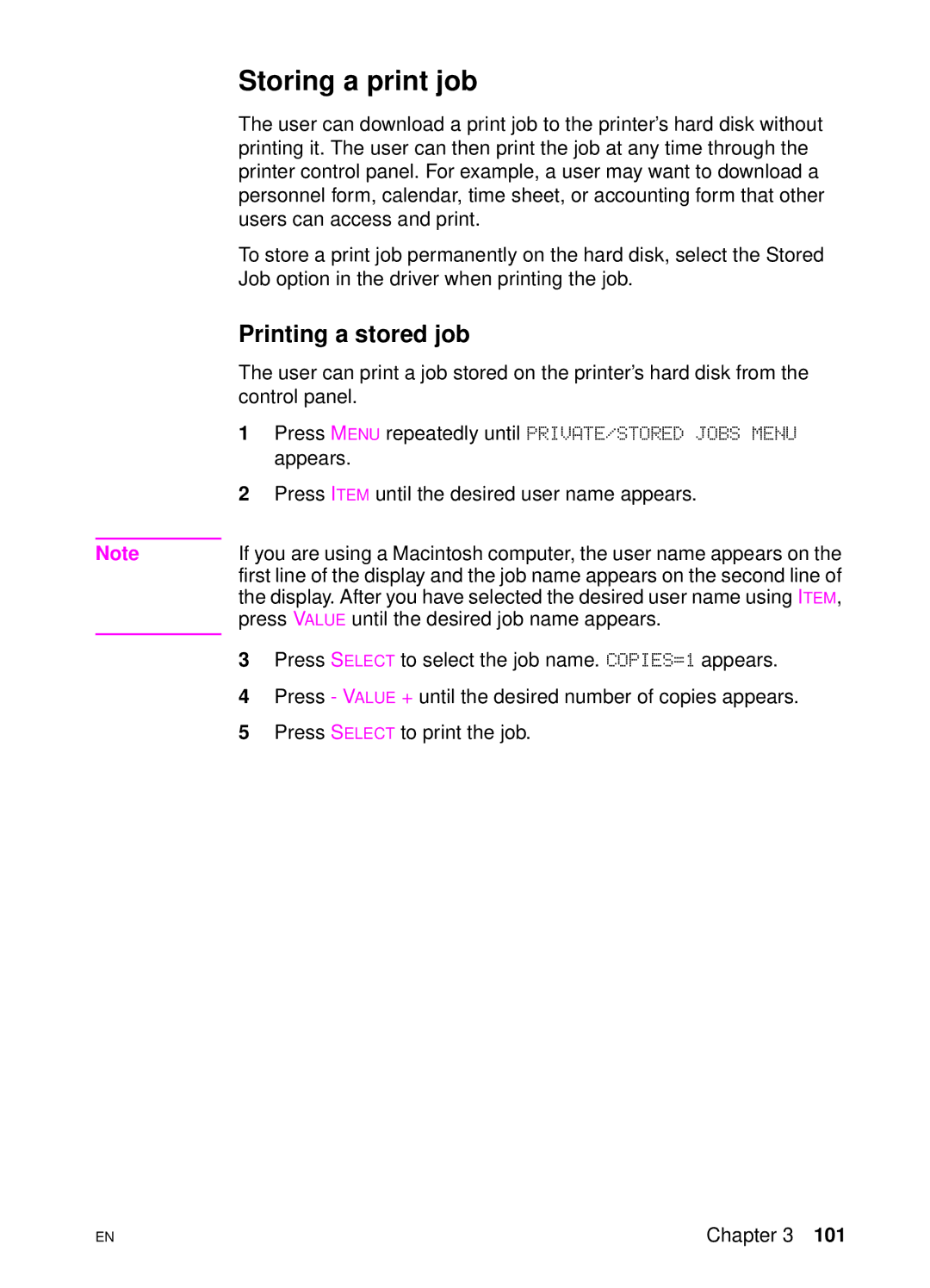 HP 4550 manual Storing a print job, Printing a stored job 