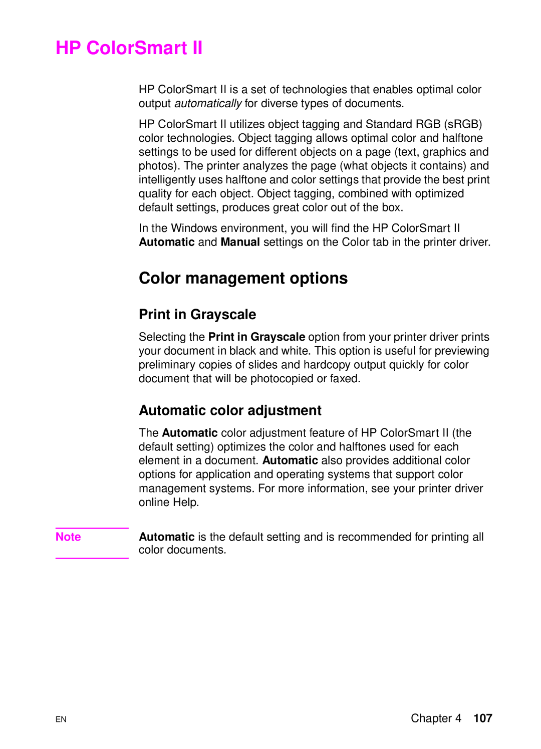 HP 4550 manual HP ColorSmart, Color management options, Print in Grayscale, Automatic color adjustment 