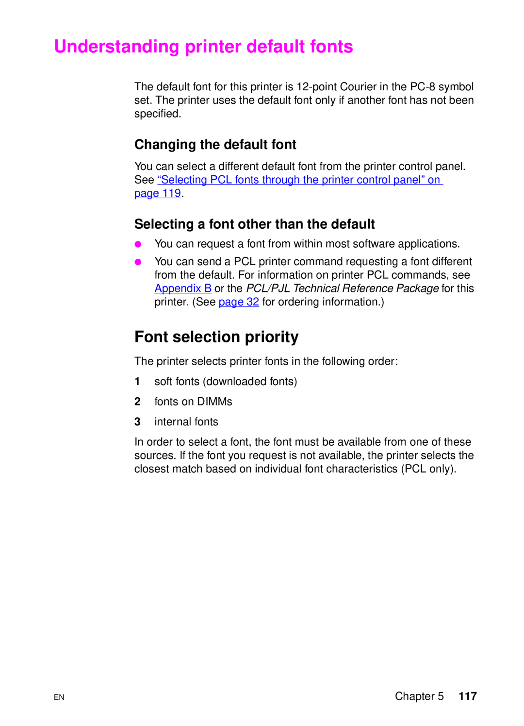 HP 4550 manual Understanding printer default fonts, Font selection priority, Changing the default font 