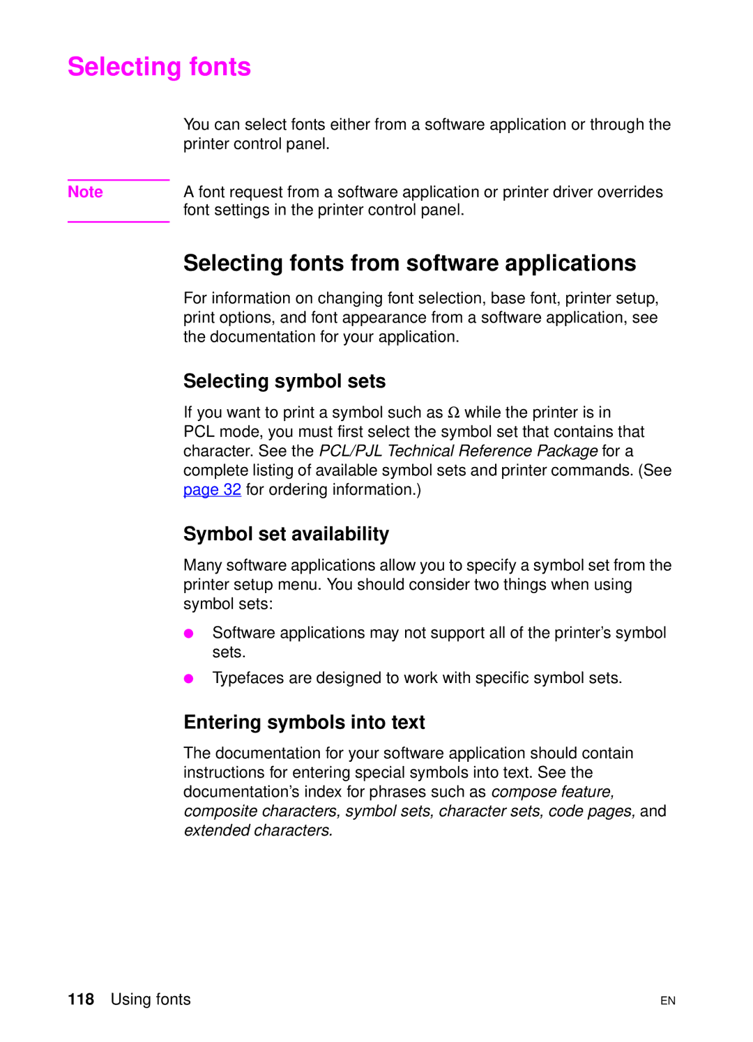 HP 4550 manual Selecting fonts from software applications, Selecting symbol sets, Symbol set availability 