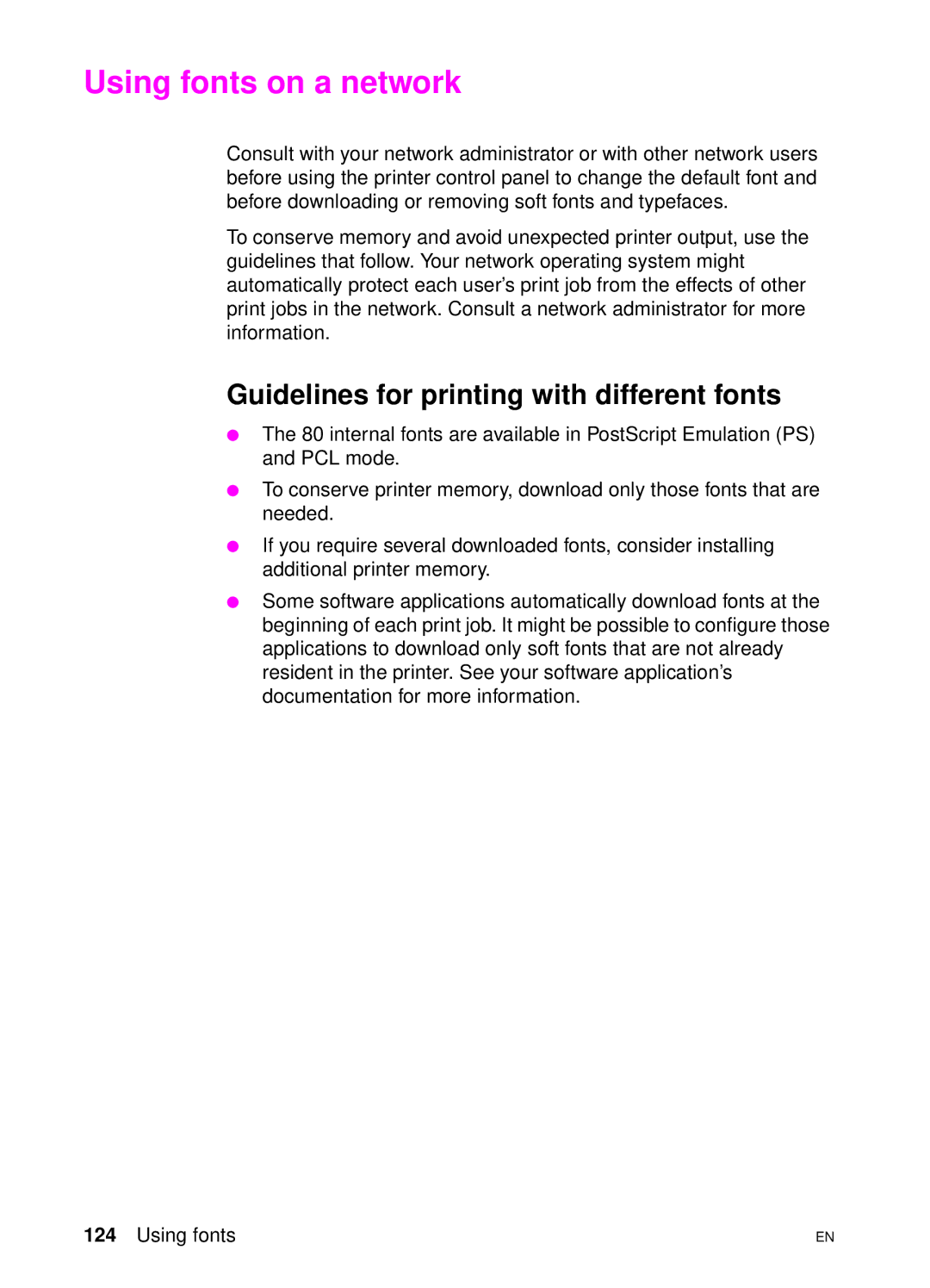 HP 4550 manual Using fonts on a network, Guidelines for printing with different fonts 