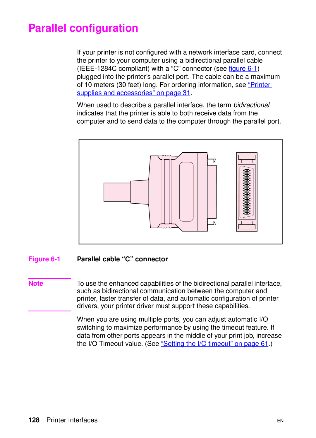 HP 4550 manual Parallel configuration, Parallel cable C connector 