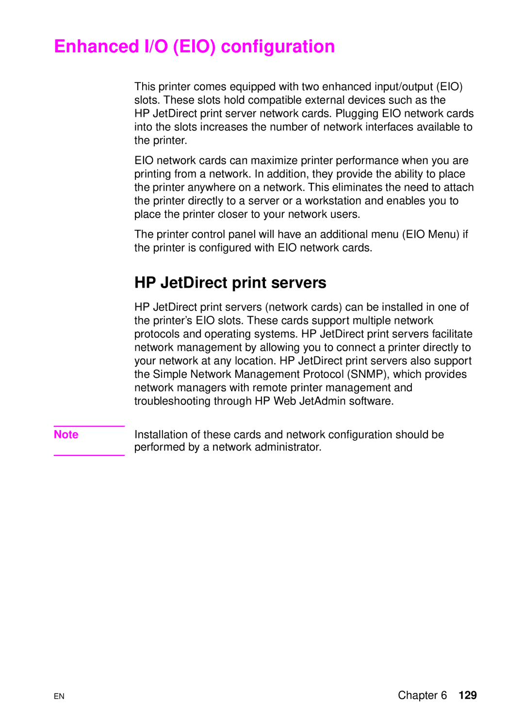 HP 4550 manual Enhanced I/O EIO configuration, HP JetDirect print servers 