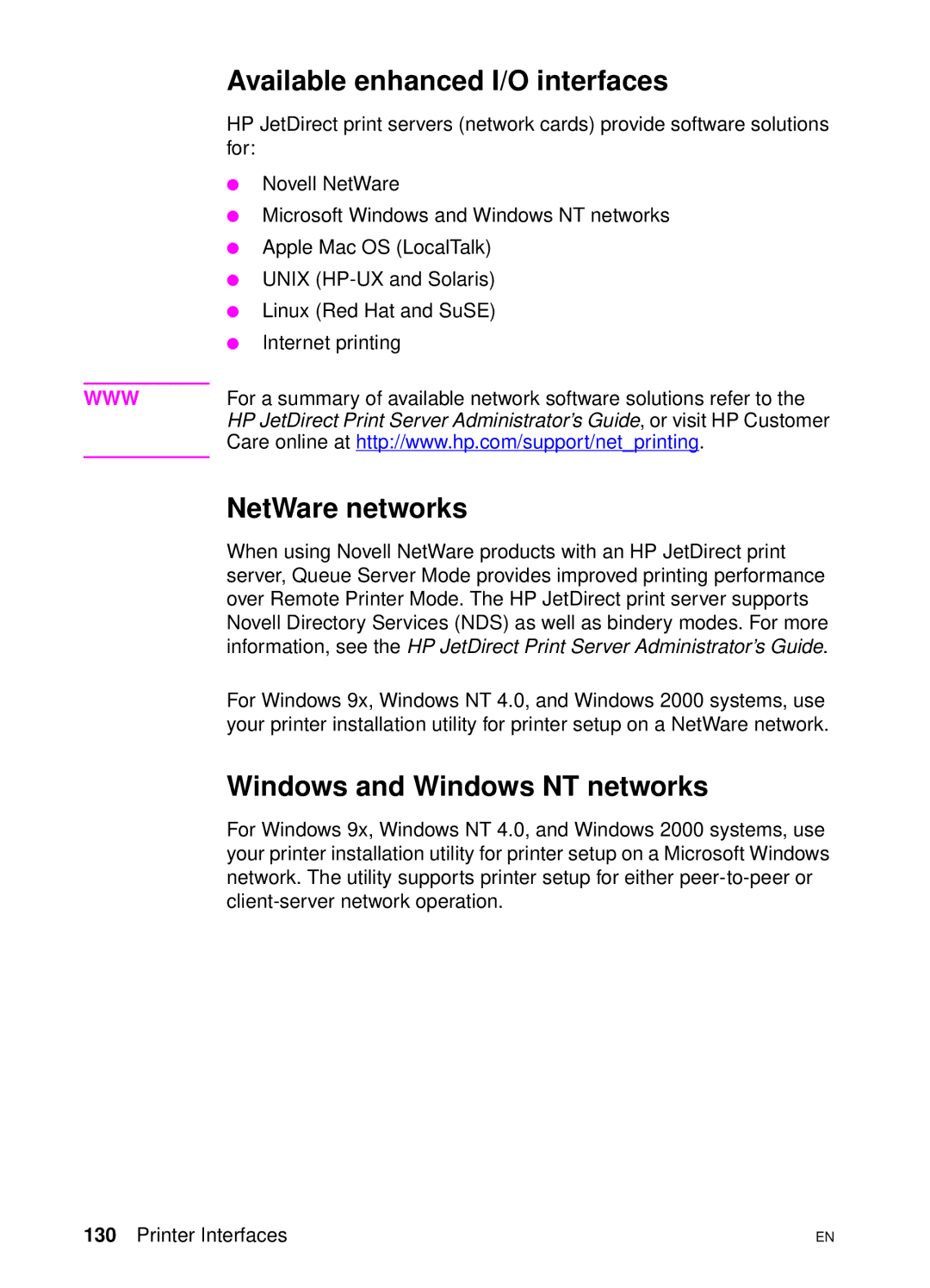 HP 4550 manual Available enhanced I/O interfaces, NetWare networks, Windows and Windows NT networks 