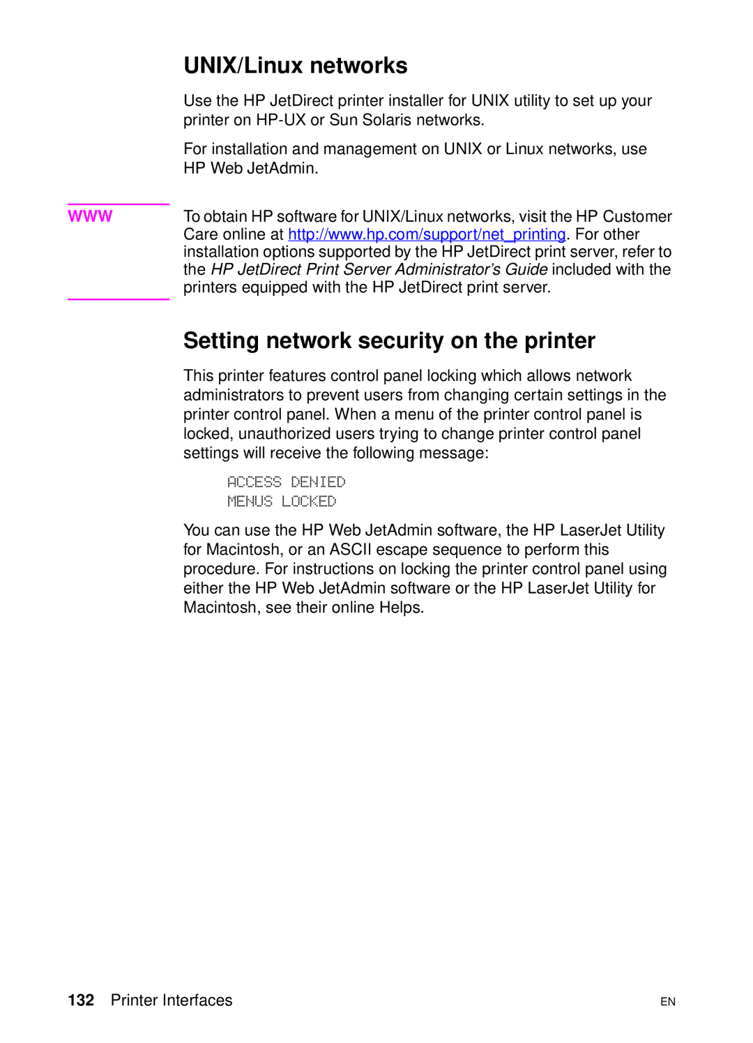 HP 4550 manual UNIX/Linux networks, Setting network security on the printer 