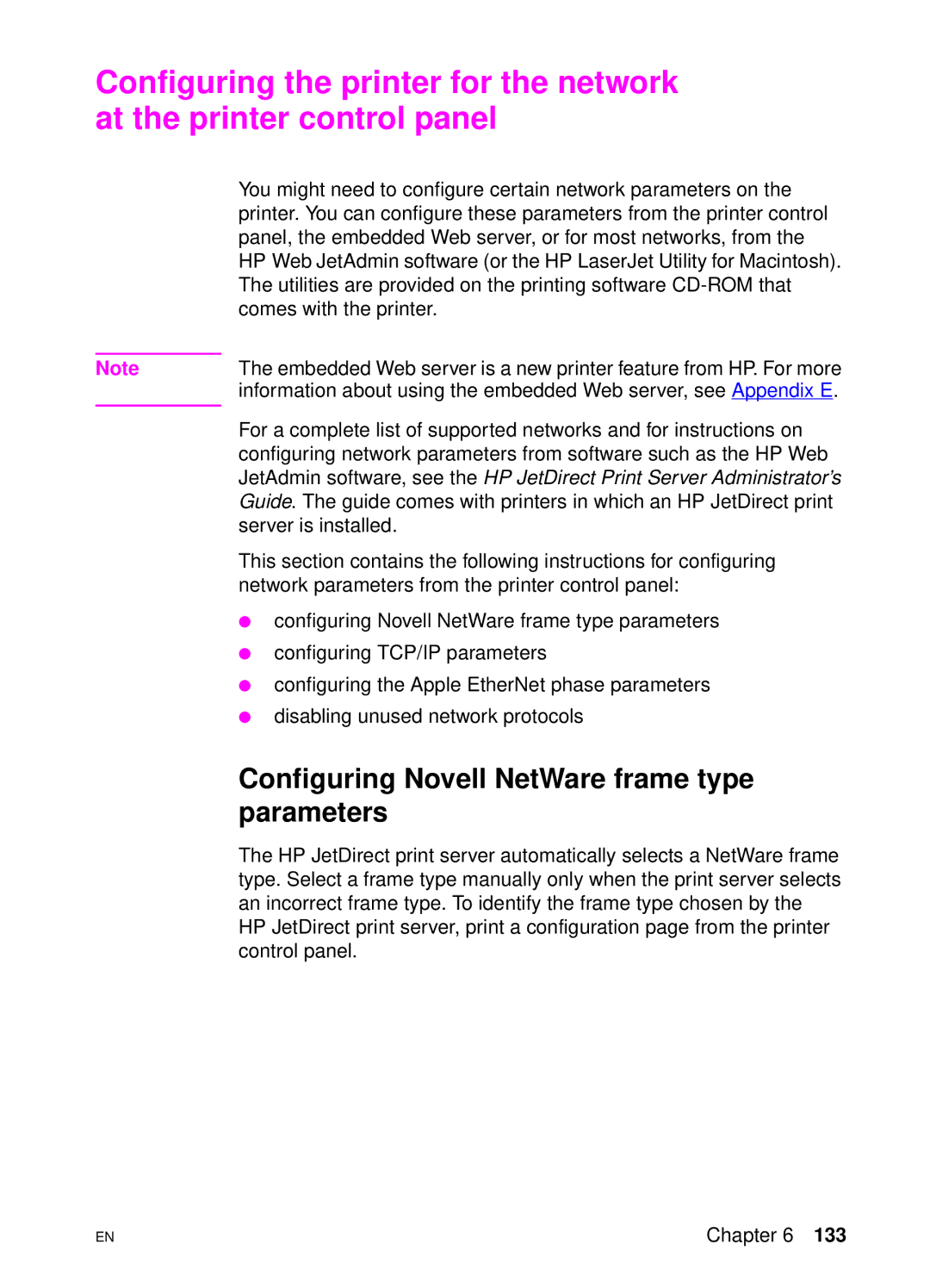 HP 4550 manual Configuring Novell NetWare frame type, Parameters 