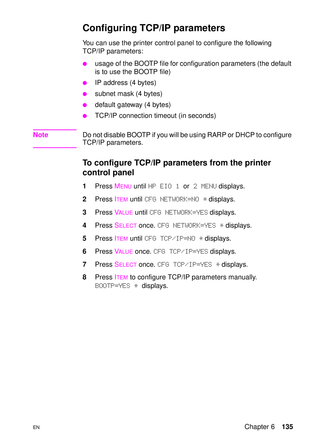 HP 4550 manual Configuring TCP/IP parameters, To configure TCP/IP parameters from the printer, Control panel 