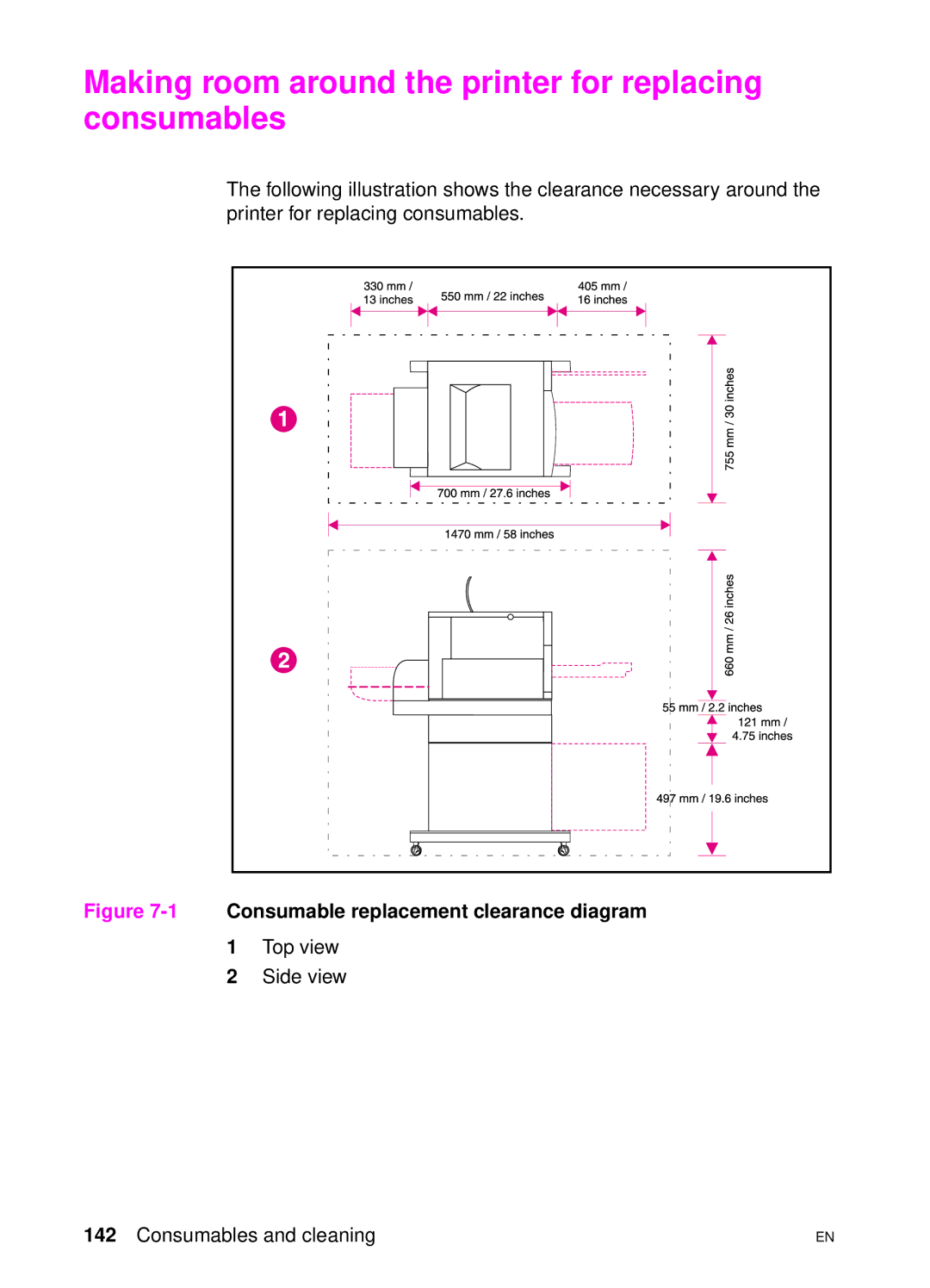 HP 4550 manual Making room around the printer for replacing consumables, 1Consumable replacement clearance diagram 