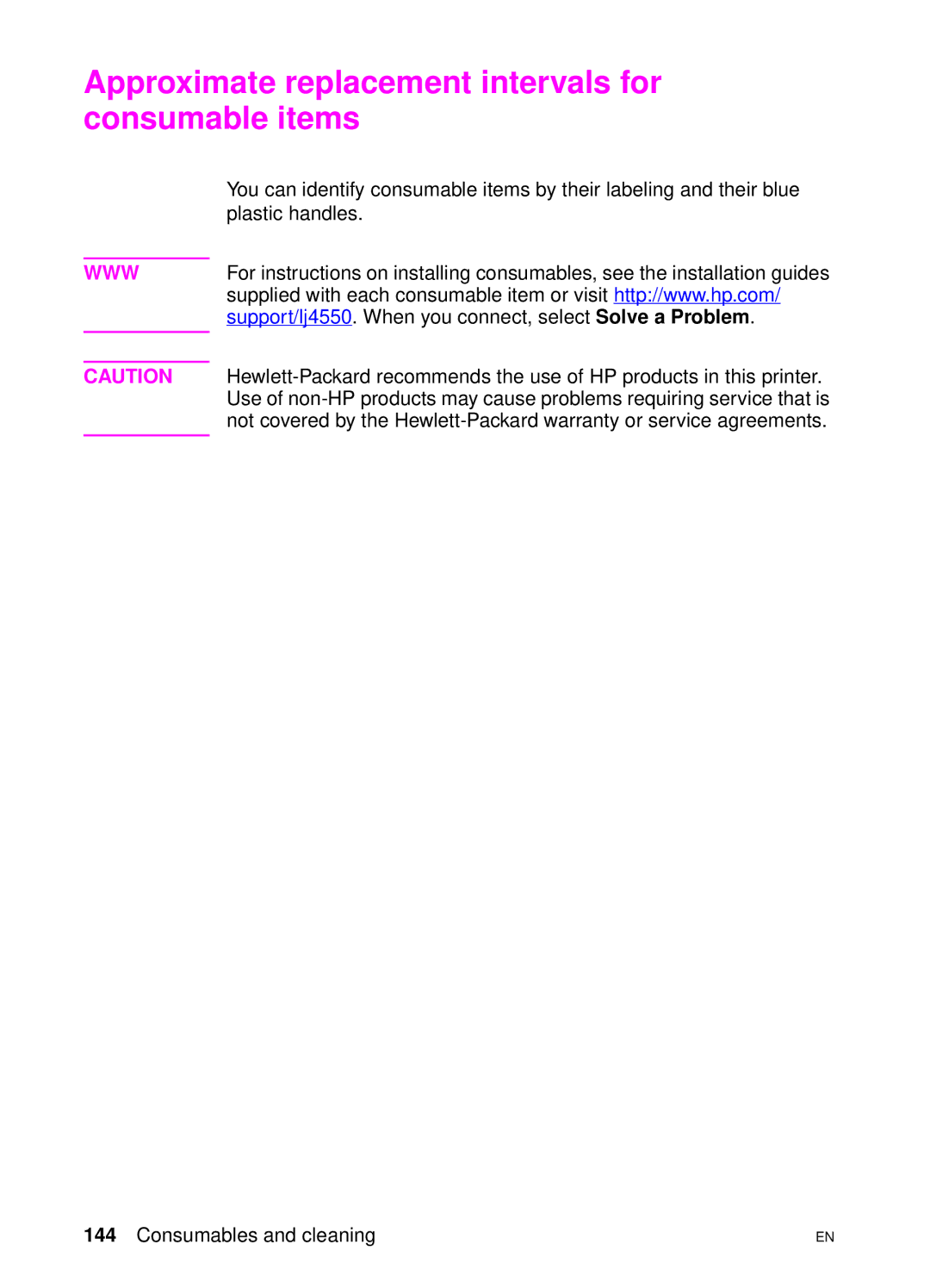 HP 4550 manual Approximate replacement intervals for consumable items 