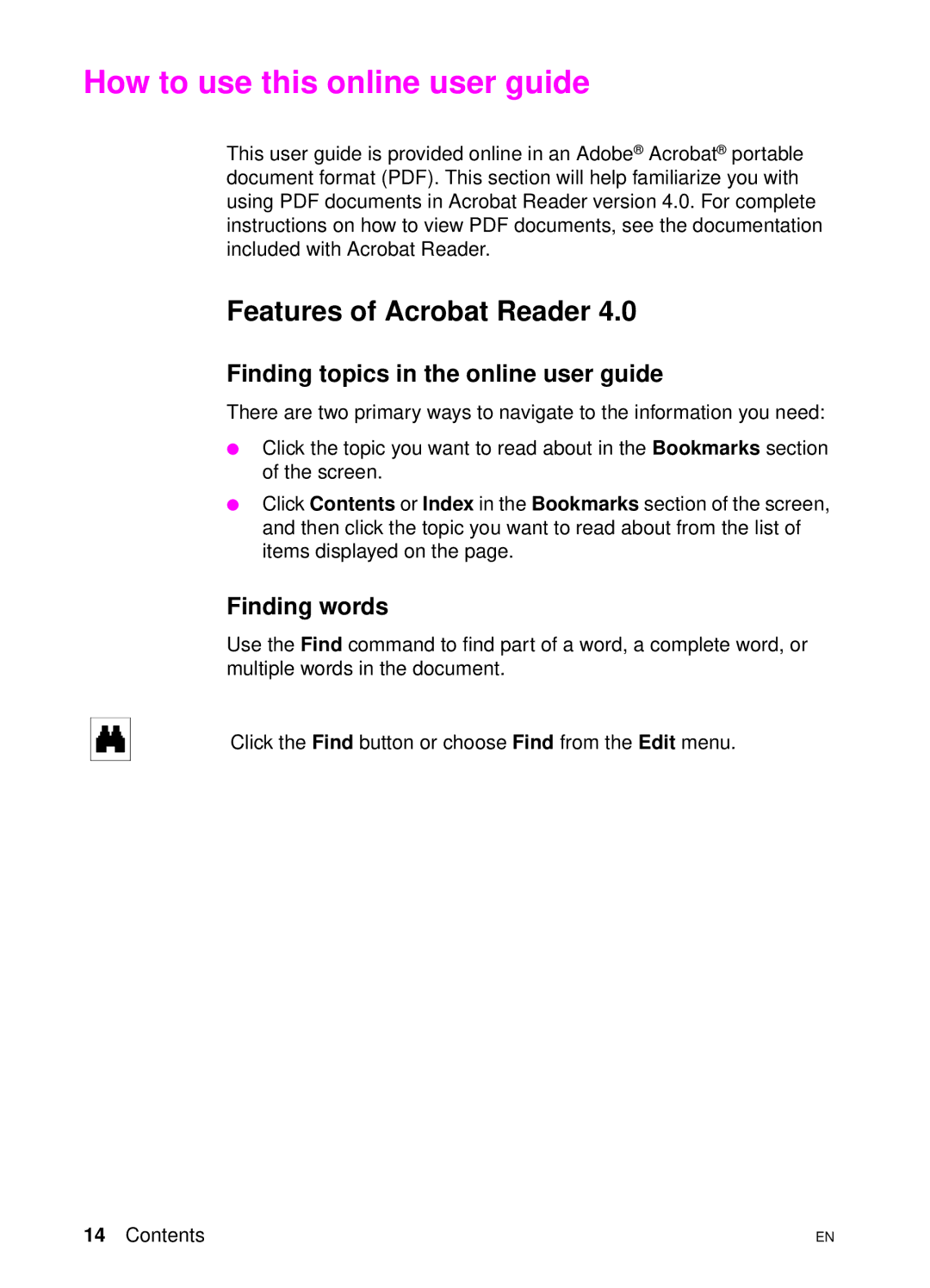 HP 4550 manual How to use this online user guide, Features of Acrobat Reader, Finding topics in the online user guide 