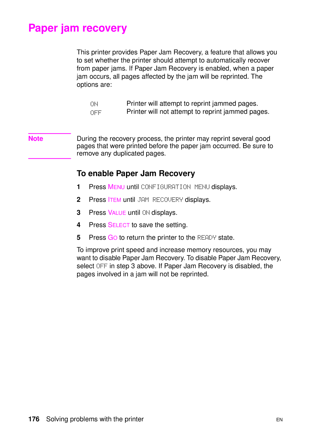 HP 4550 manual Paper jam recovery, To enable Paper Jam Recovery 