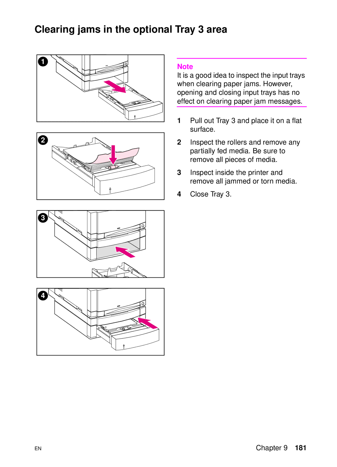 HP 4550 manual Clearing jams in the optional Tray 3 area 