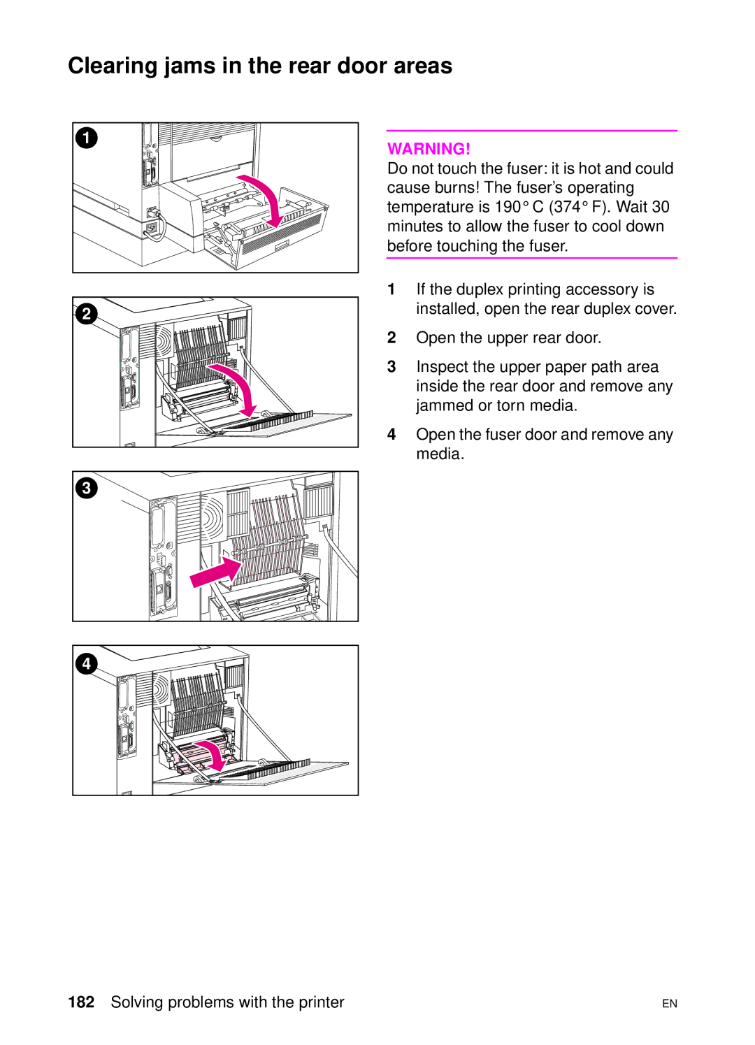 HP 4550 manual Clearing jams in the rear door areas 