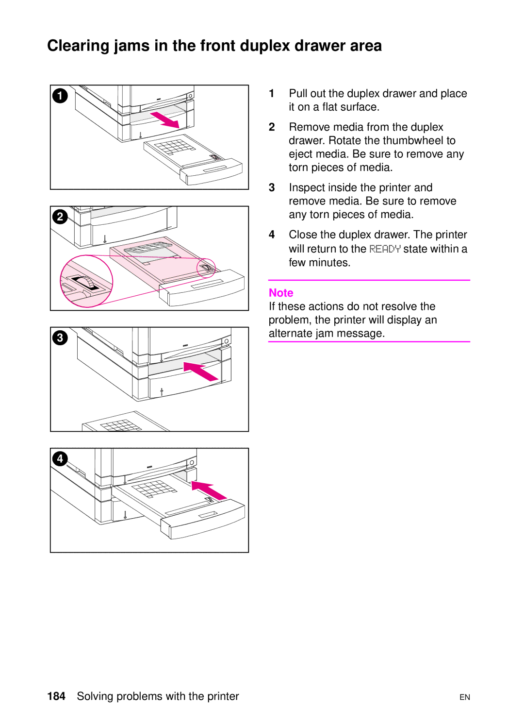 HP 4550 manual Clearing jams in the front duplex drawer area 