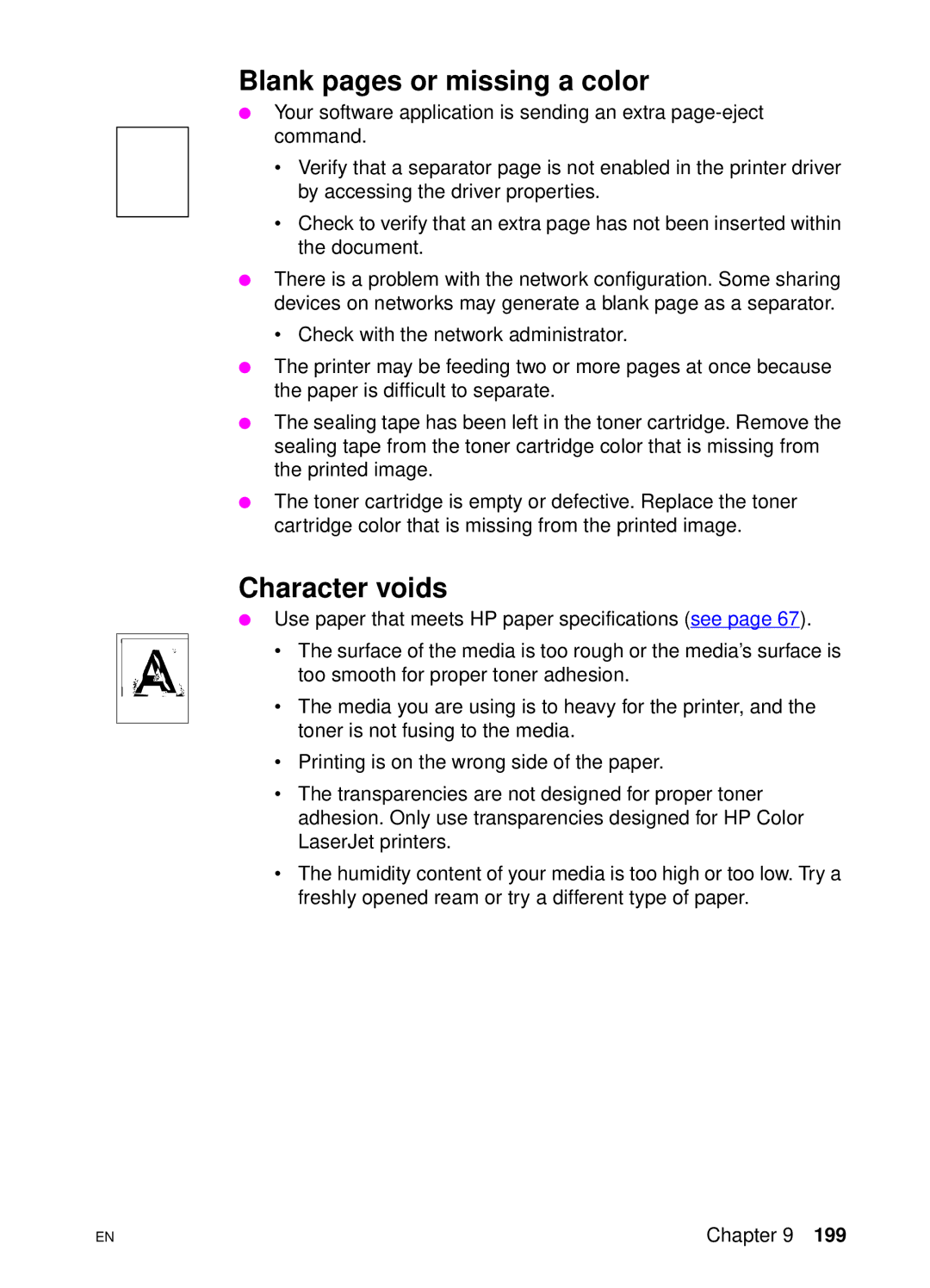 HP 4550 manual Blank pages or missing a color, Character voids 