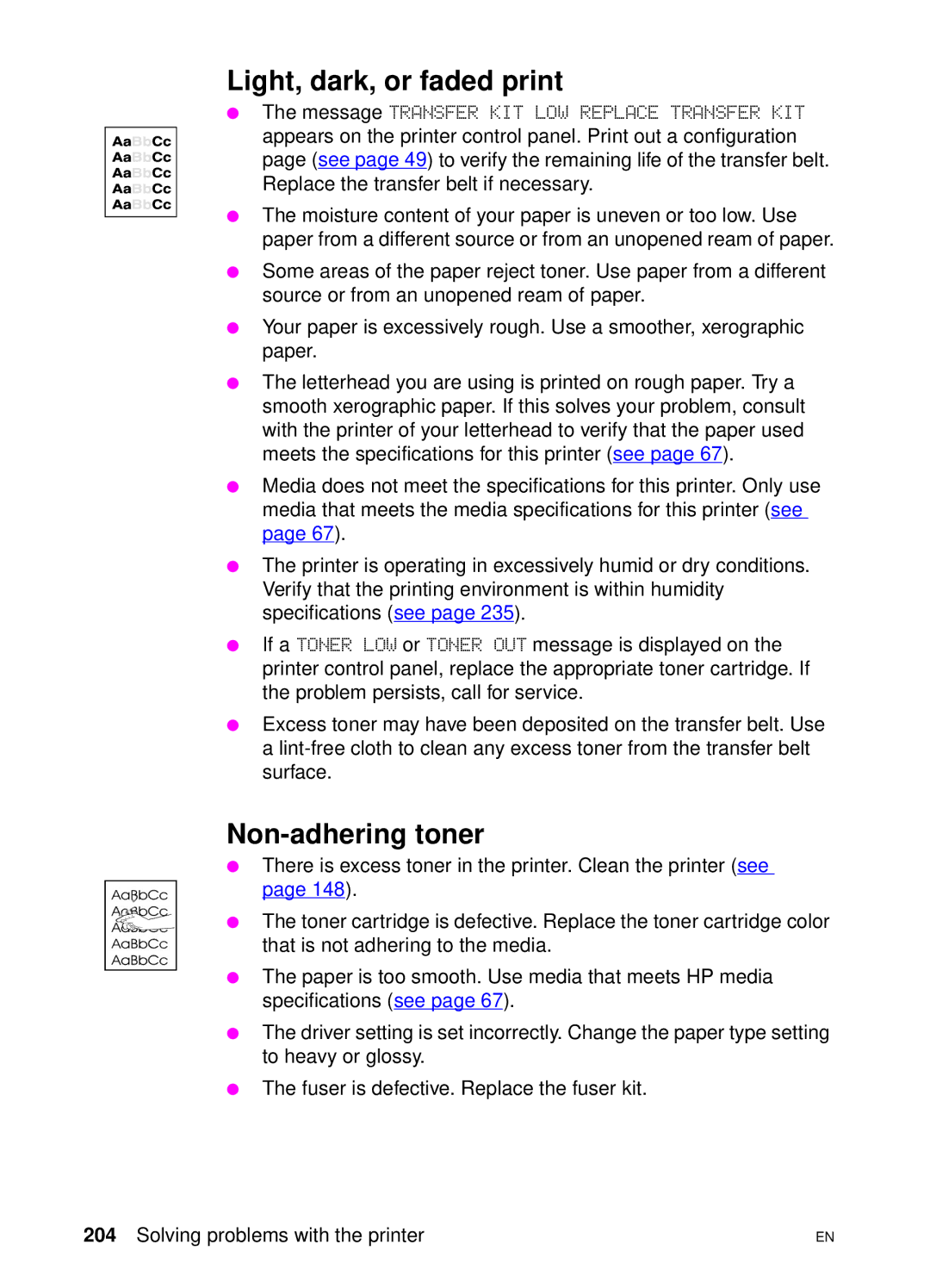 HP 4550 manual Light, dark, or faded print, Non-adhering toner 