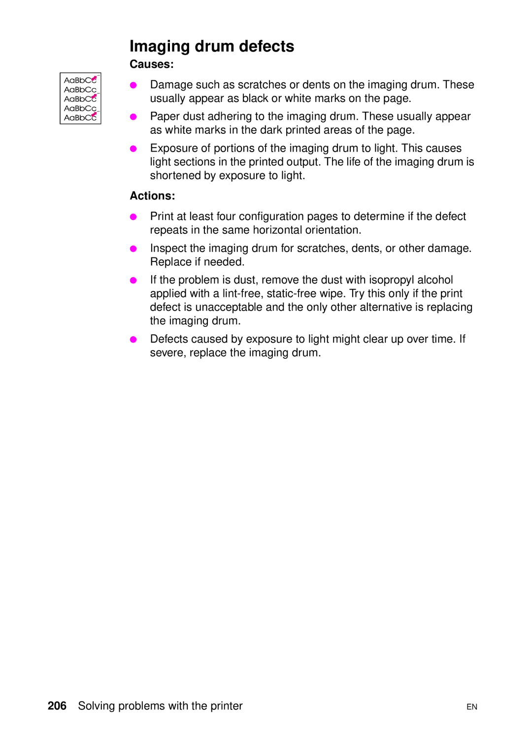 HP 4550 manual Imaging drum defects, Causes, Actions 