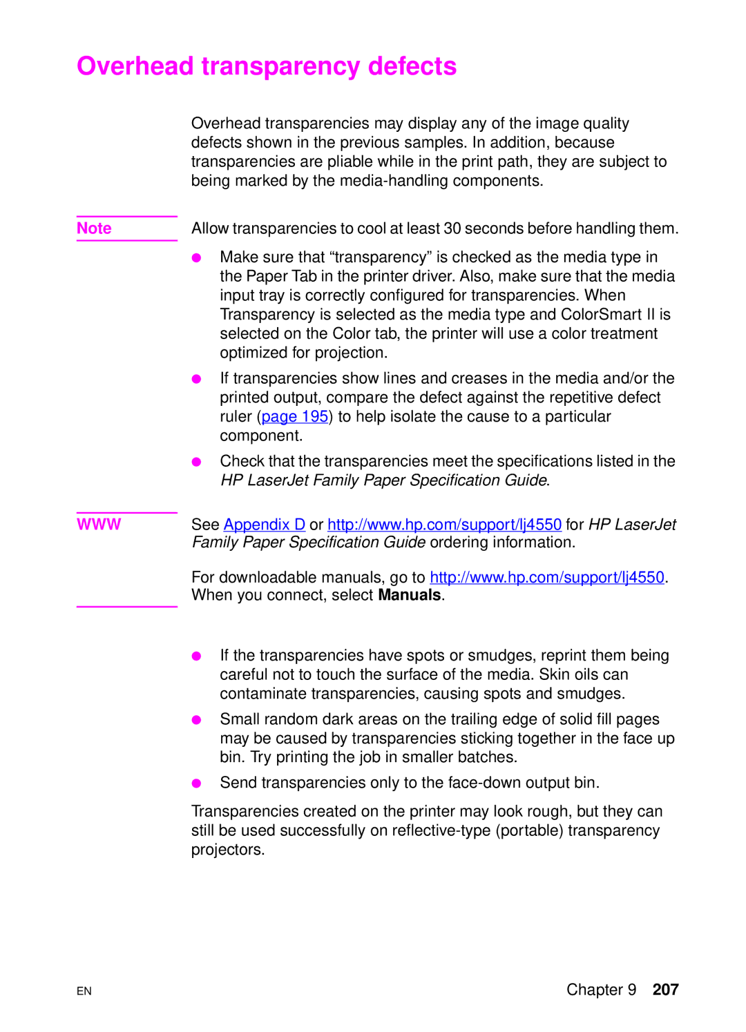 HP 4550 manual Overhead transparency defects, Www 