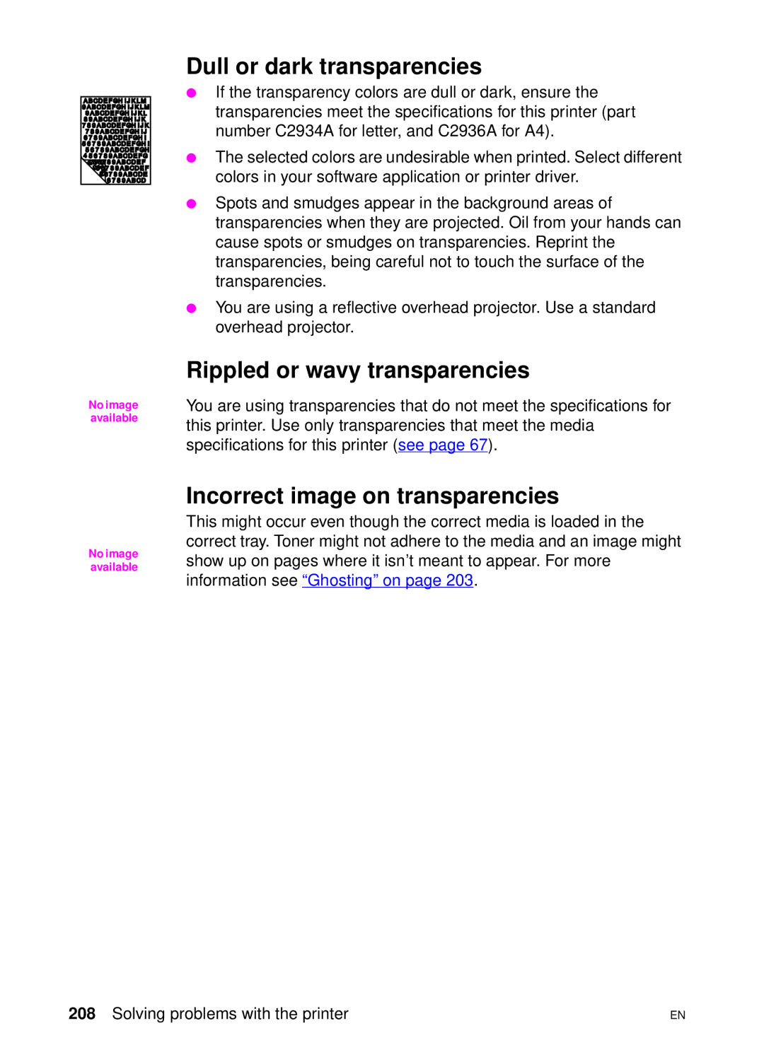 HP 4550 manual Dull or dark transparencies Rippled or wavy transparencies, Incorrect image on transparencies 