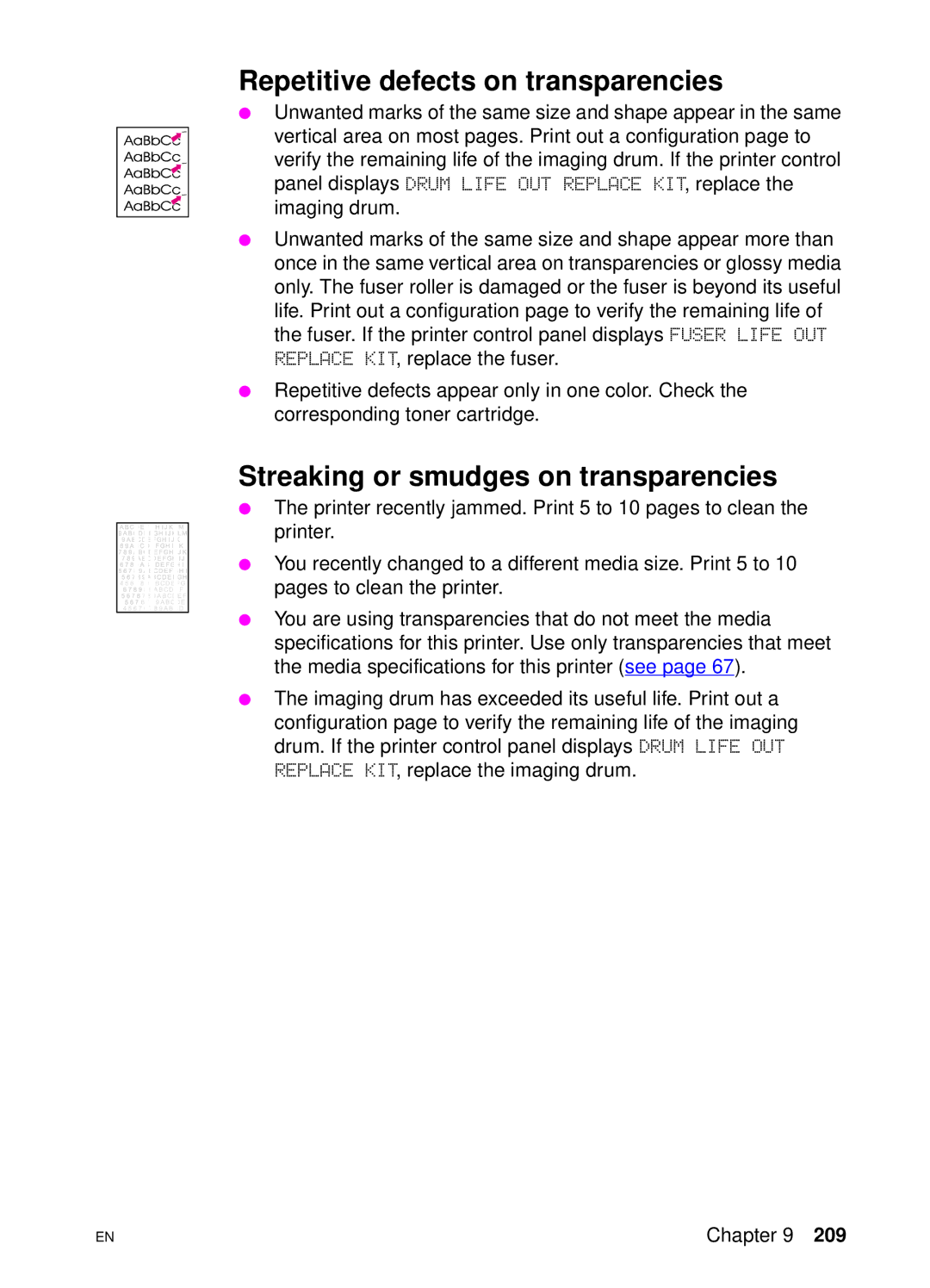 HP 4550 manual Repetitive defects on transparencies, Streaking or smudges on transparencies 