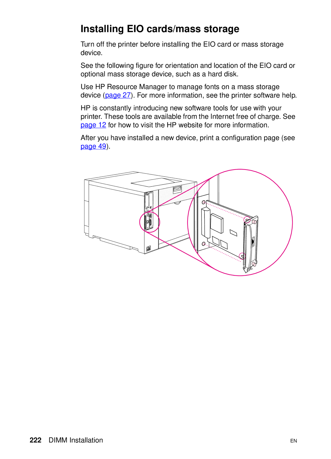 HP 4550 manual Installing EIO cards/mass storage 