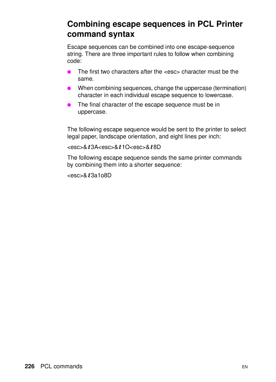 HP 4550 manual Combining escape sequences in PCL Printer command syntax 