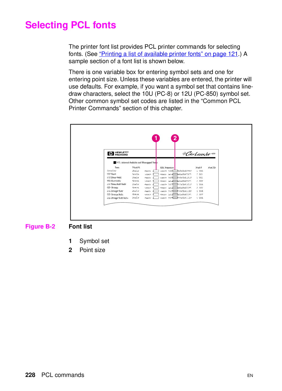 HP 4550 manual Selecting PCL fonts, Font list, Symbol set, Point size 