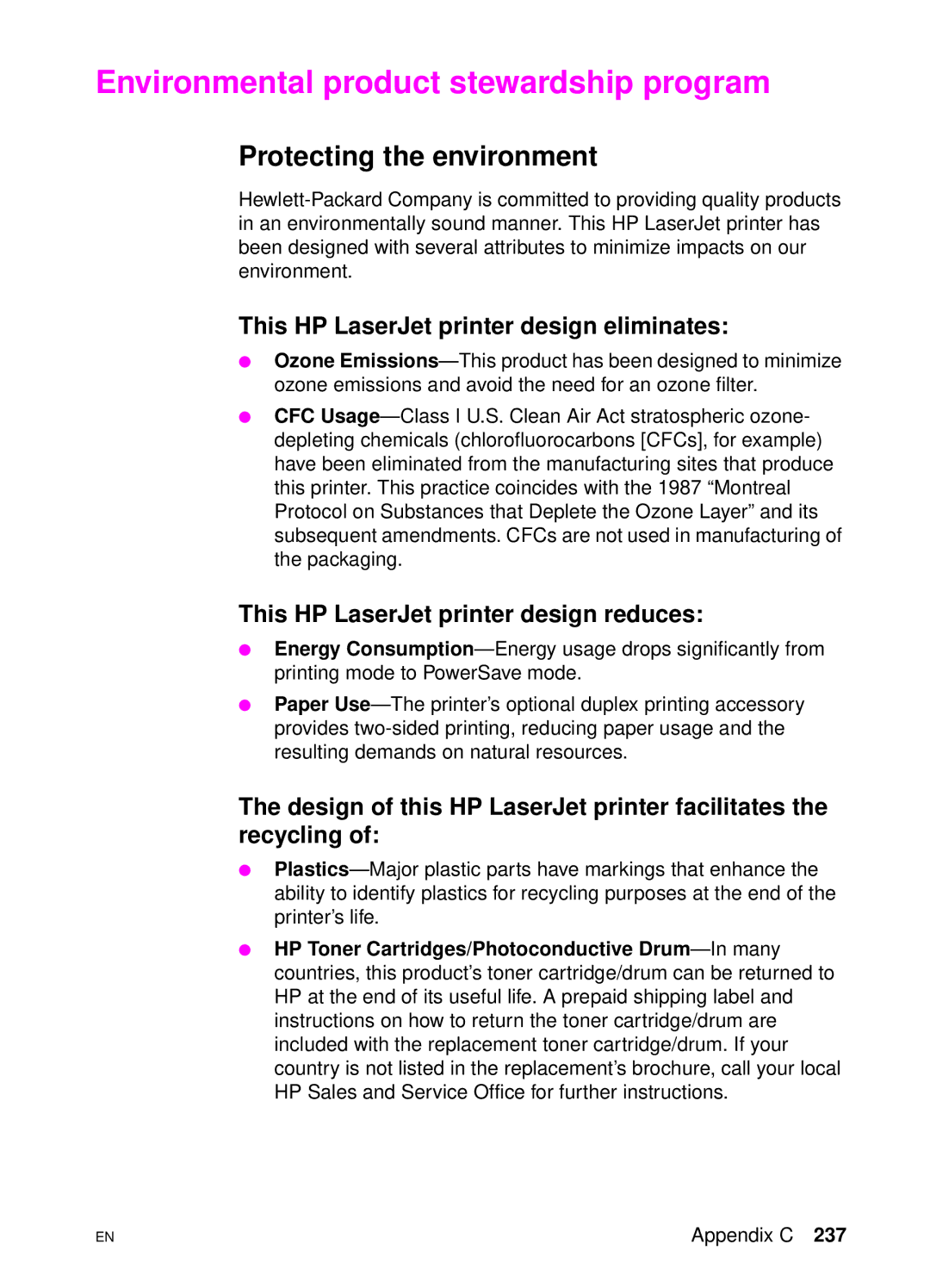 HP 4550 Environmental product stewardship program, Protecting the environment, This HP LaserJet printer design eliminates 