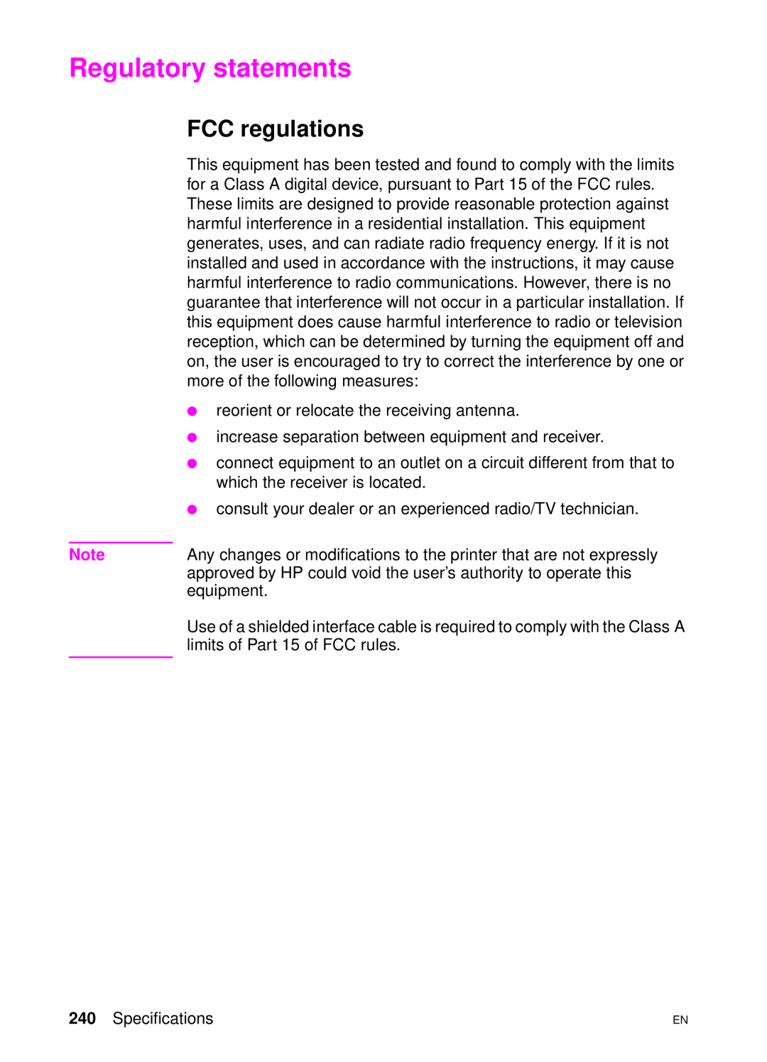 HP 4550 manual Regulatory statements, FCC regulations 