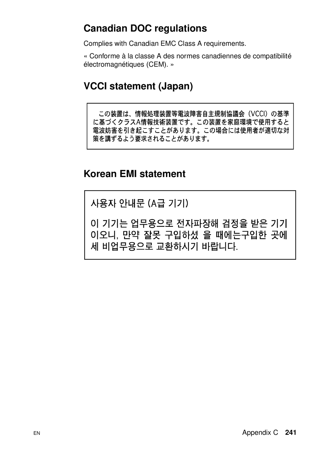 HP 4550 manual Canadian DOC regulations, Vcci statement Japan Korean EMI statement 