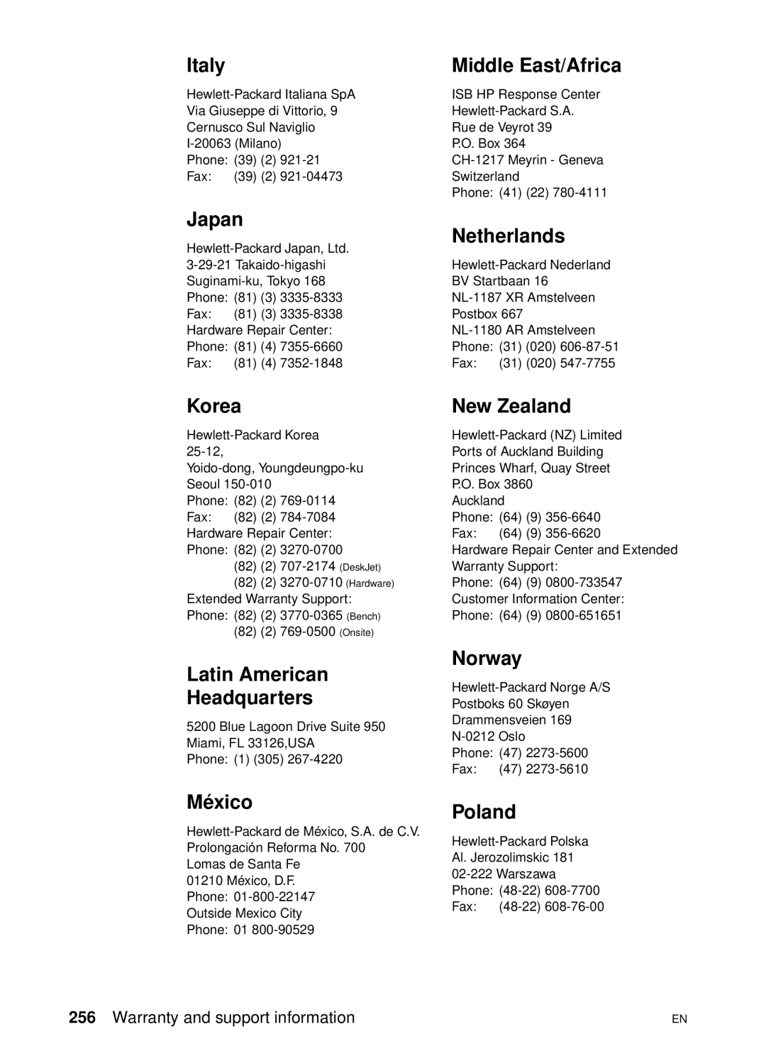 HP 4550 Italy, Japan, Korea, Latin American Headquarters, Middle East/Africa, Netherlands, New Zealand, Norway, México 