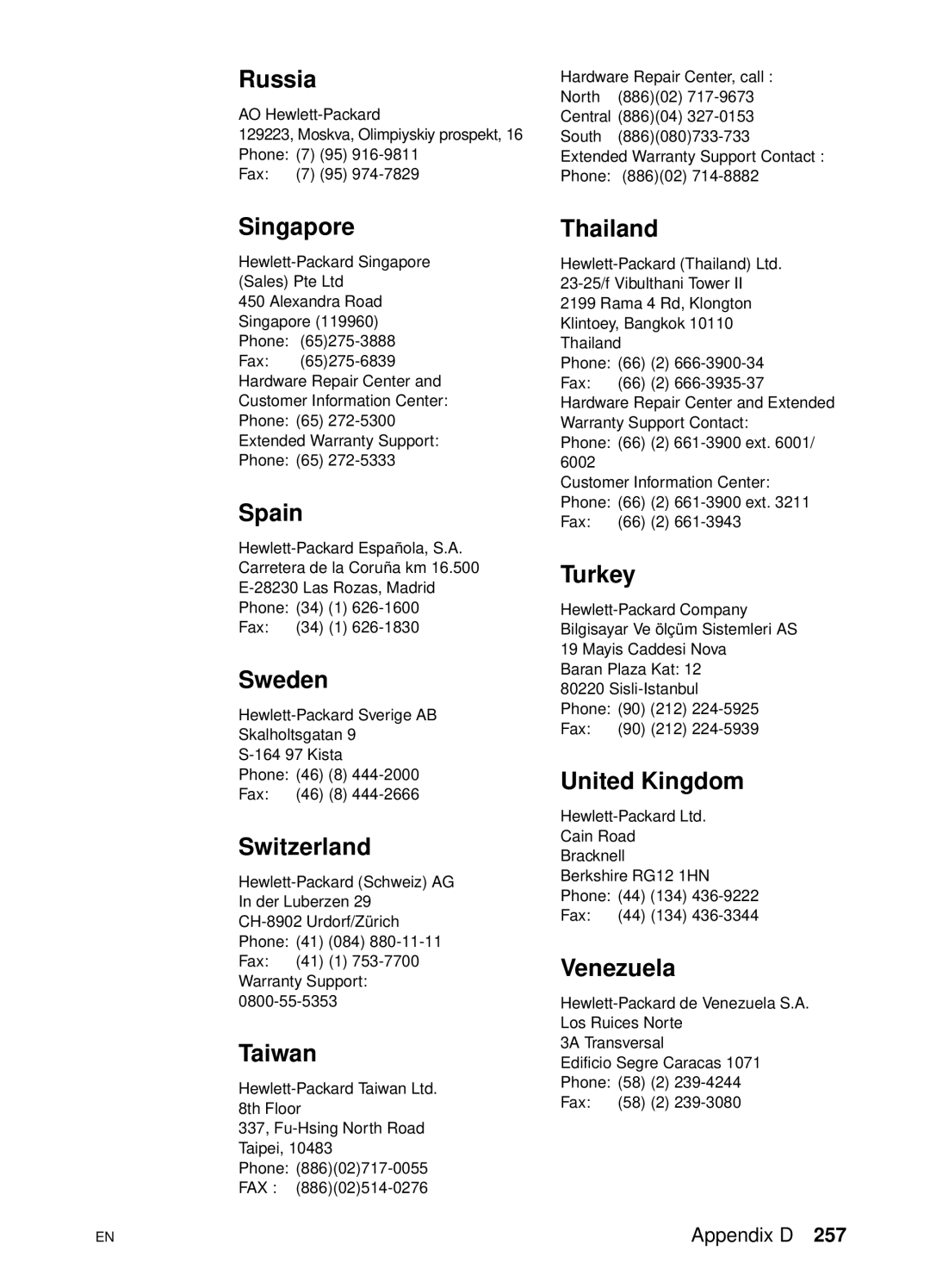 HP 4550 manual Russia, Singapore, Spain, Sweden, Switzerland, Taiwan, Thailand, Turkey, United Kingdom, Venezuela 