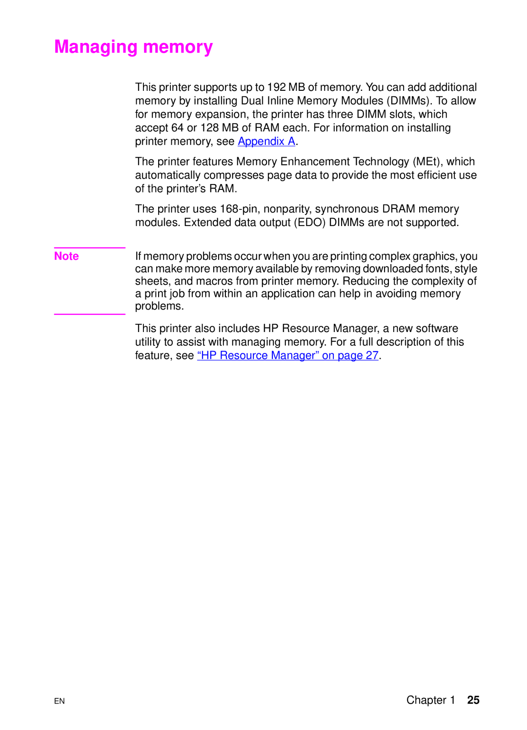 HP 4550 manual Managing memory, Modules. Extended data output EDO DIMMs are not supported 