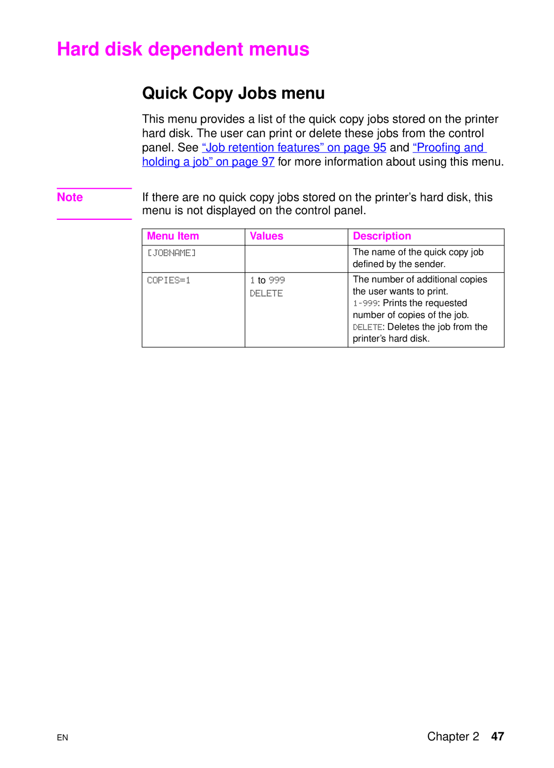 HP 4550 manual Hard disk dependent menus, Quick Copy Jobs menu 