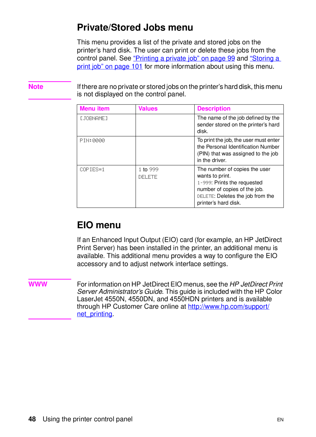 HP 4550 manual Private/Stored Jobs menu, EIO menu 