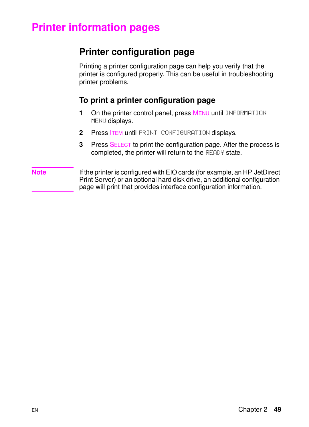 HP 4550 manual Printer information pages, Printer configuration, To print a printer configuration 