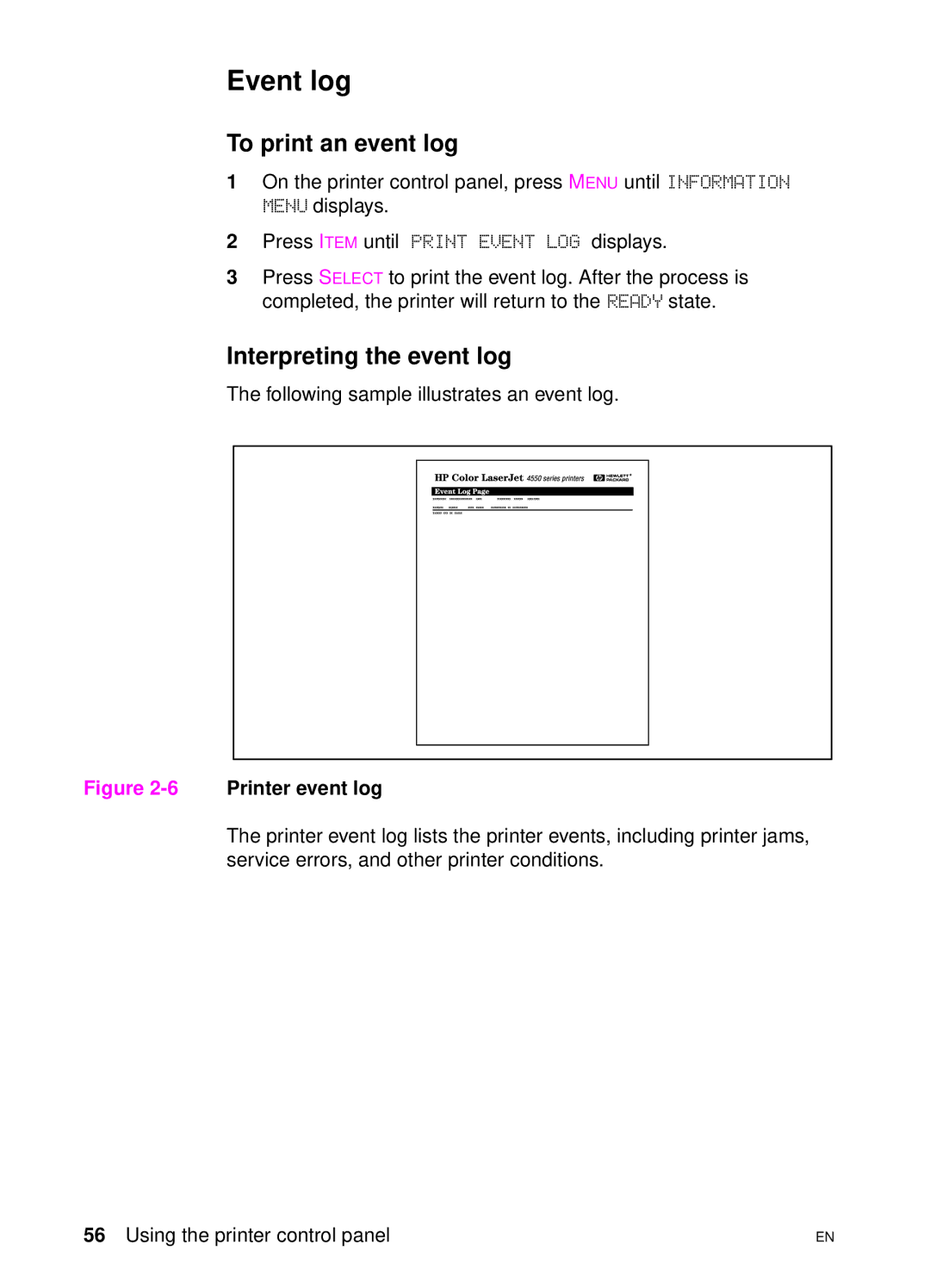 HP 4550 manual Event log, To print an event log, Interpreting the event log 