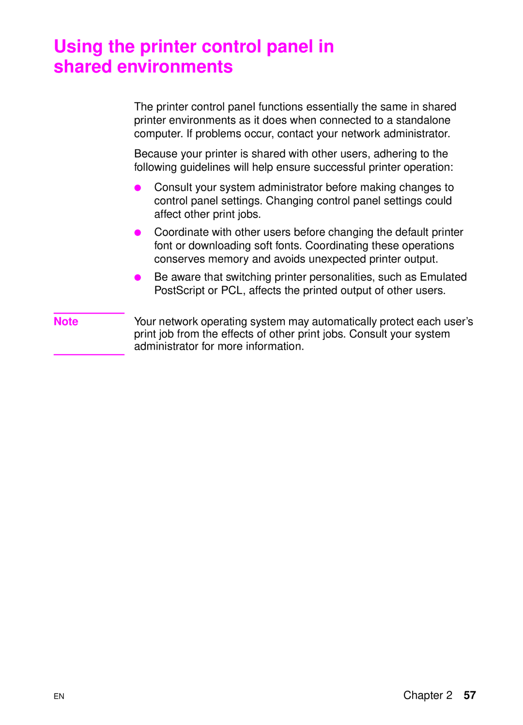 HP 4550 manual Using the printer control panel in shared environments 