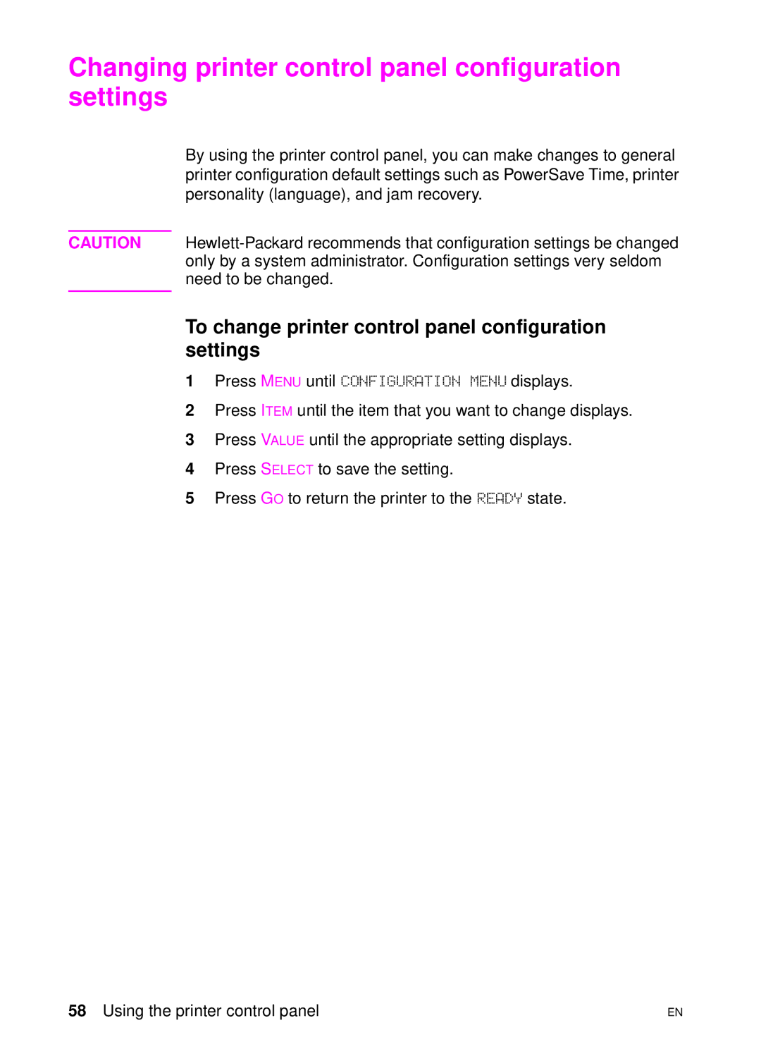 HP 4550 Changing printer control panel configuration settings, To change printer control panel configuration settings 