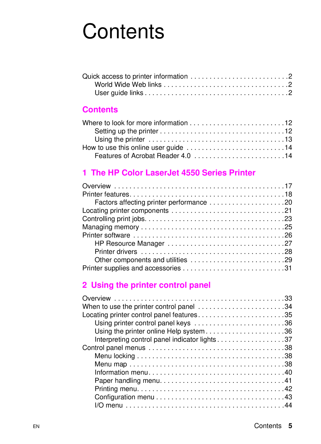 HP 4550 manual Contents 