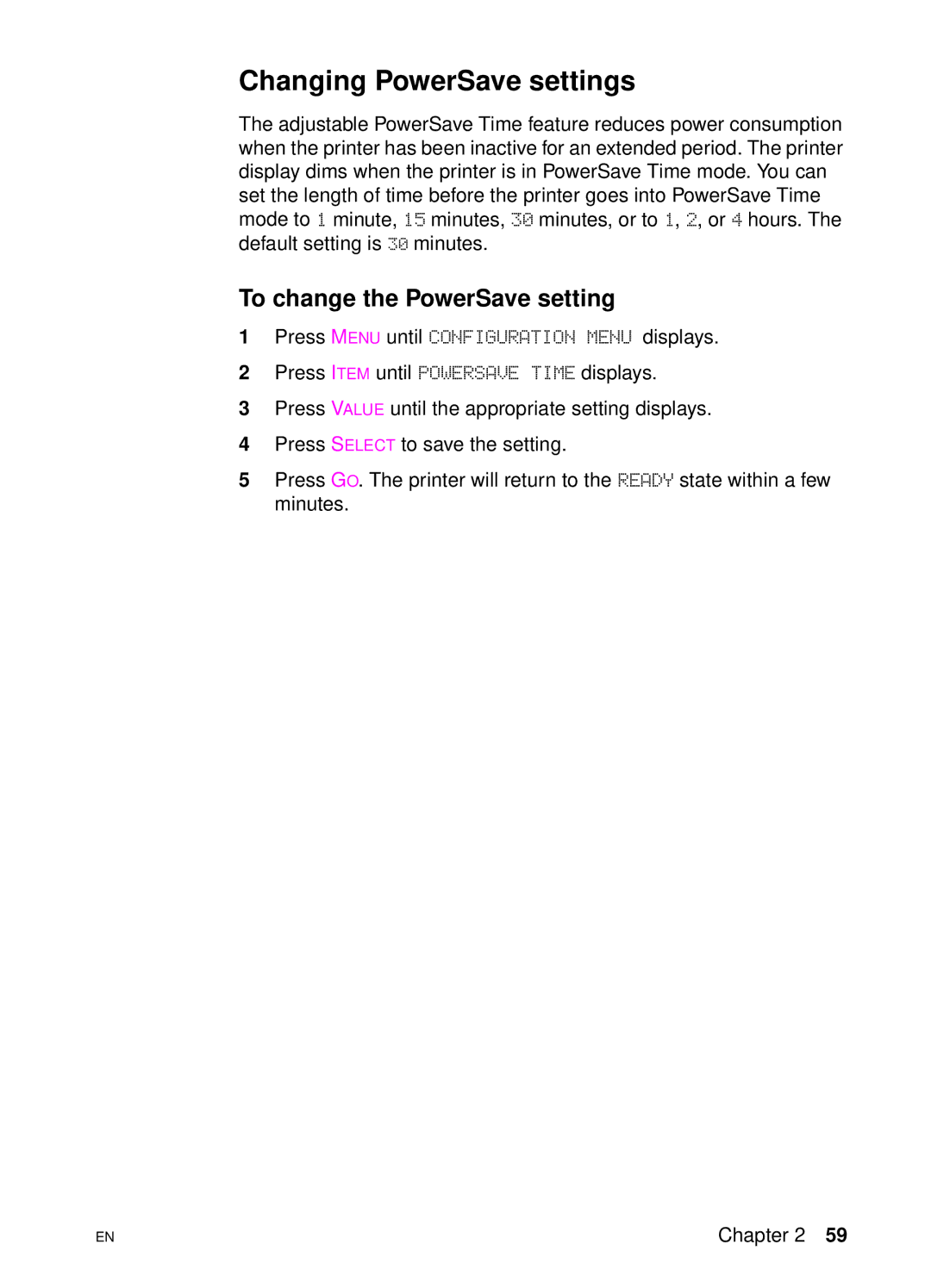 HP 4550 manual Changing PowerSave settings, To change the PowerSave setting 