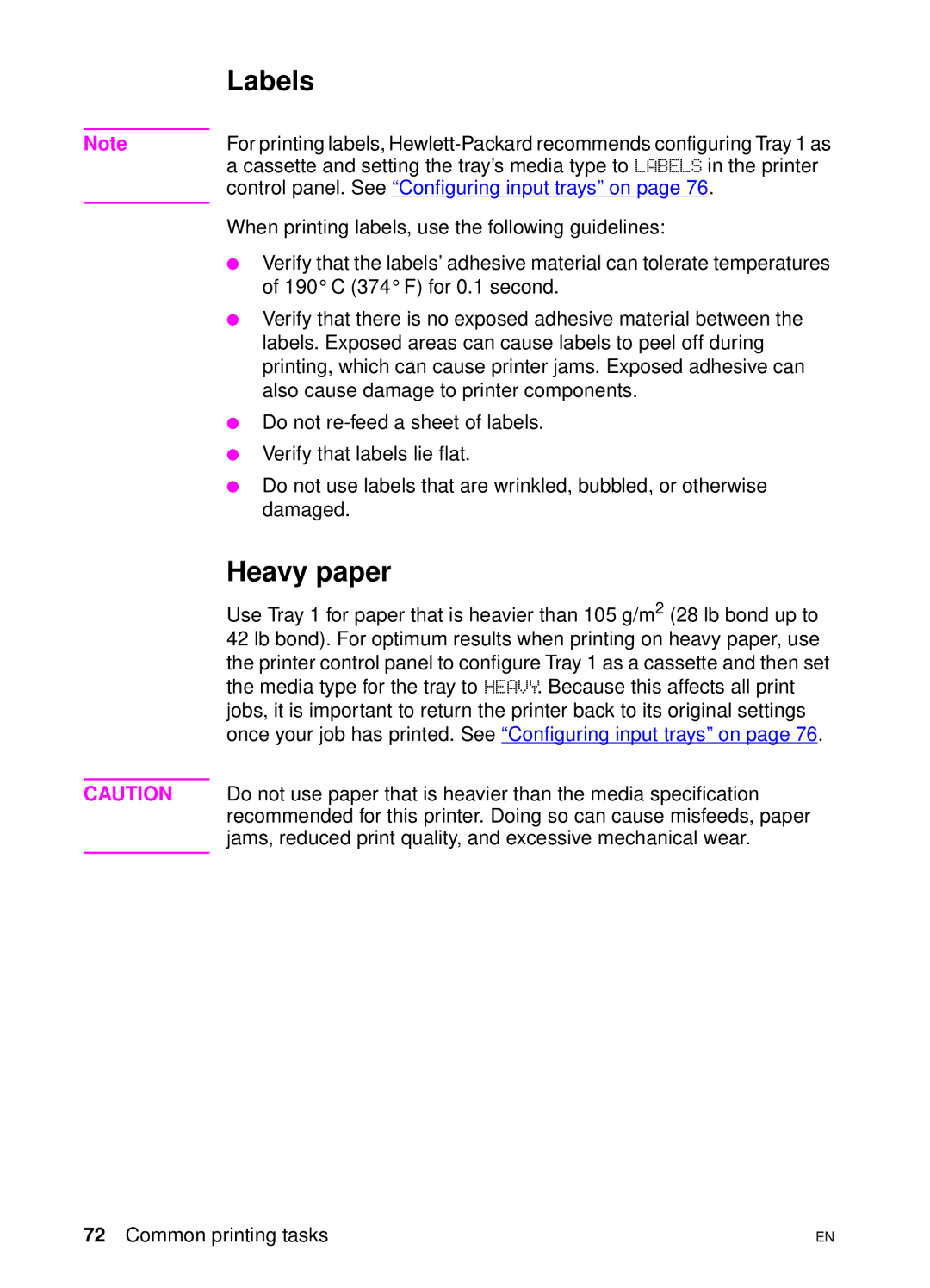 HP 4550 manual Labels, Heavy paper 