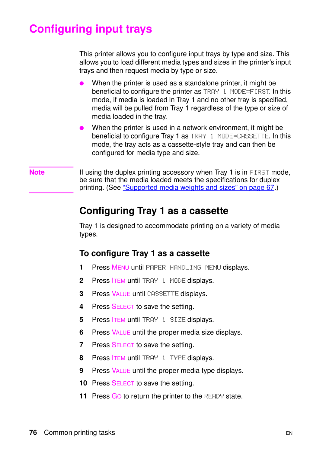 HP 4550 manual Configuring input trays, Configuring Tray 1 as a cassette, To configure Tray 1 as a cassette 