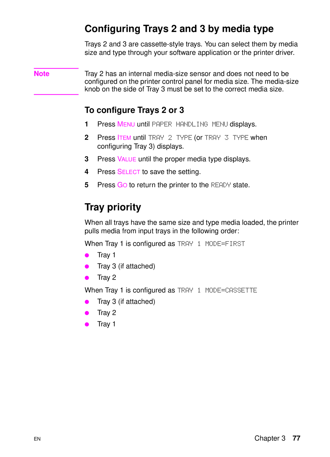 HP 4550 manual Configuring Trays 2 and 3 by media type, Tray priority, To configure Trays 2 or 