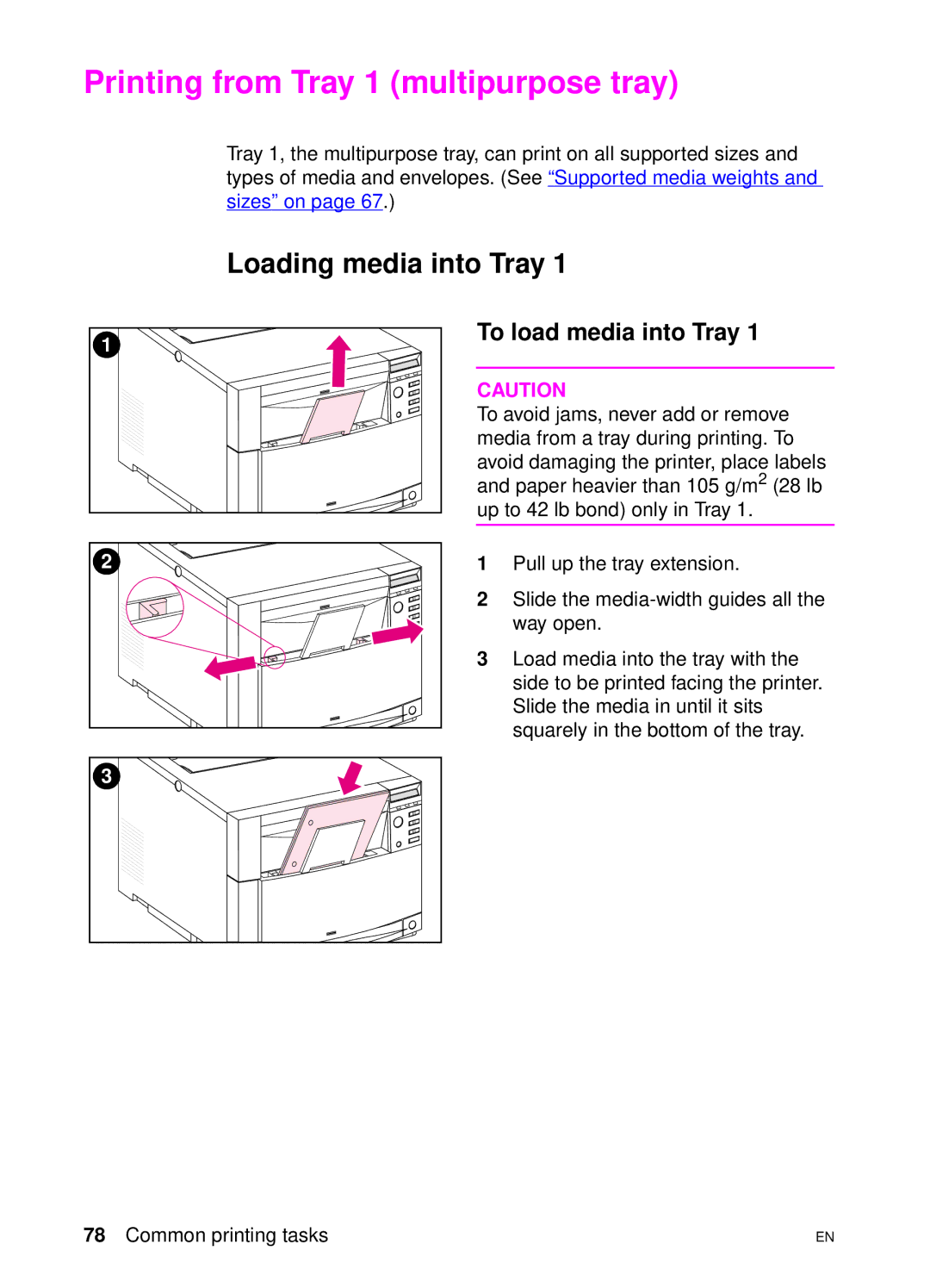 HP 4550 manual Printing from Tray 1 multipurpose tray, Loading media into Tray, To load media into Tray 