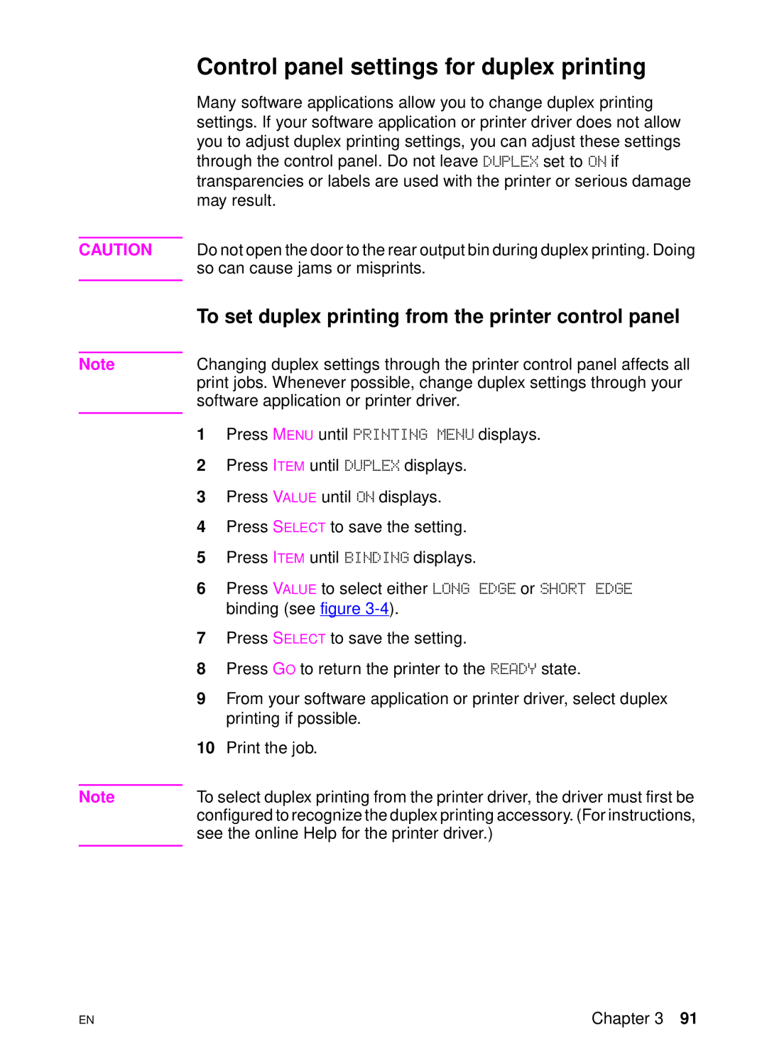 HP 4550 manual Control panel settings for duplex printing, To set duplex printing from the printer control panel 