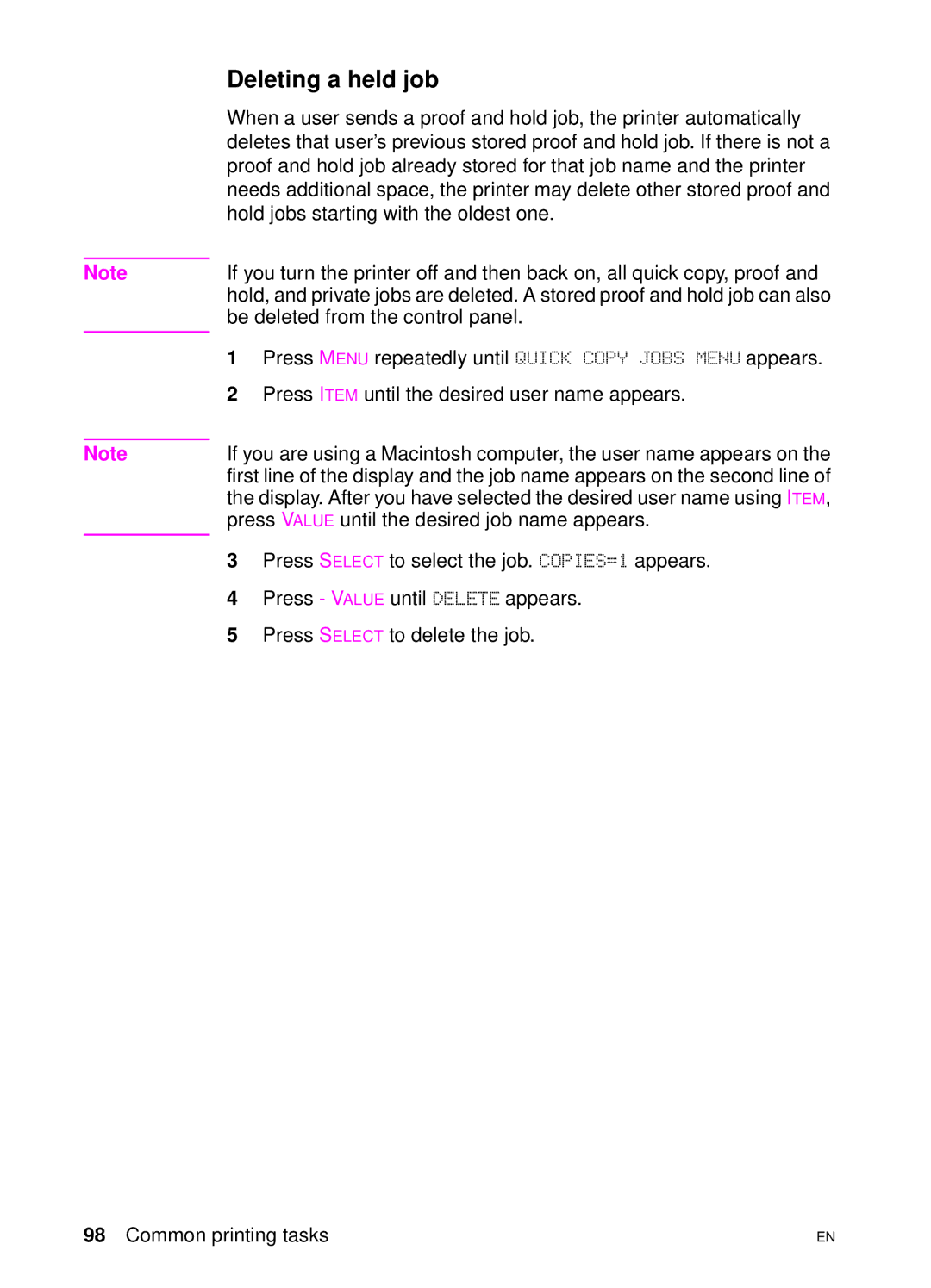 HP 4550 manual Deleting a held job 