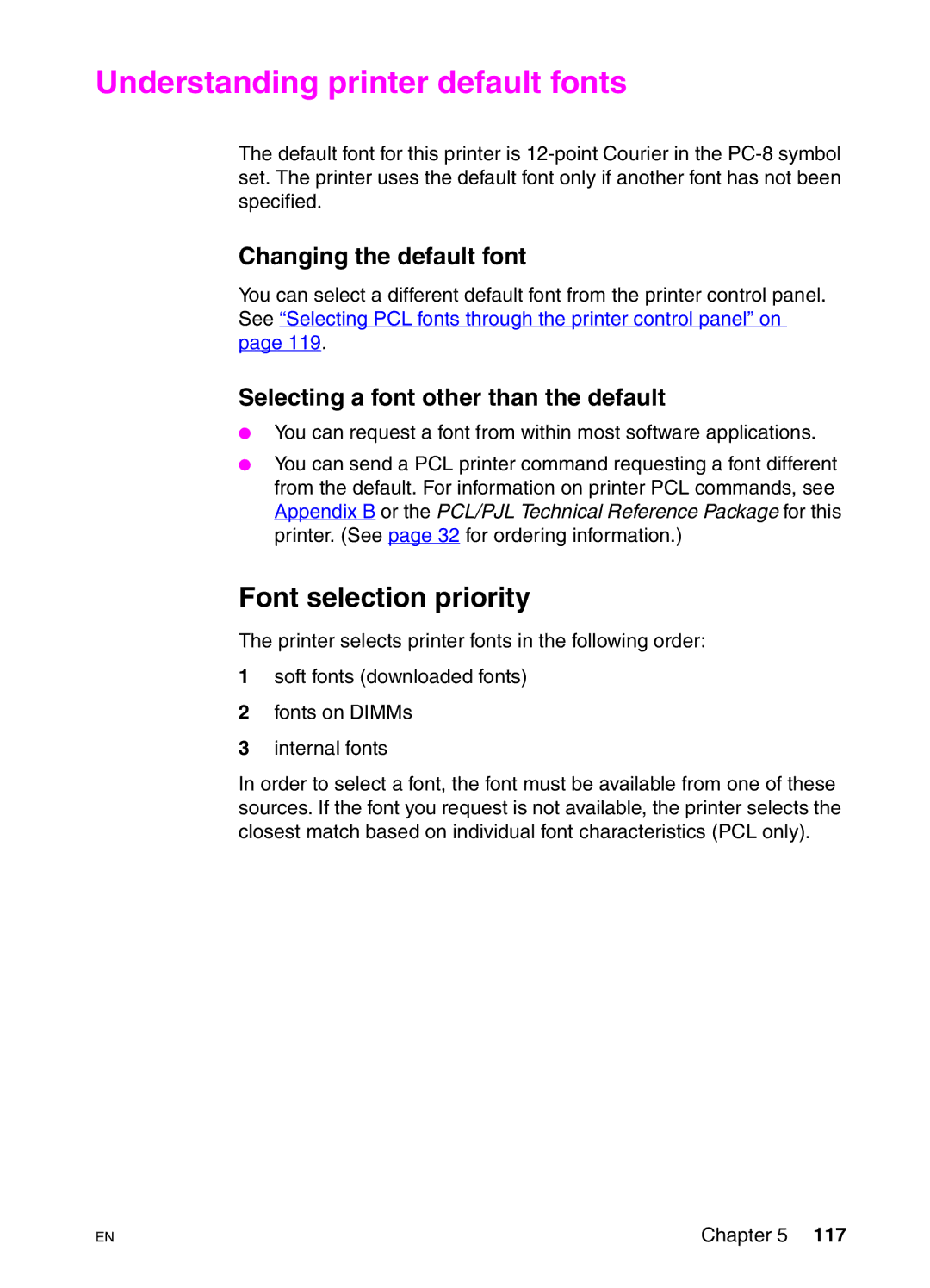 HP 4550DN, 4550N, 4550HDN manual Understanding printer default fonts, Font selection priority, Changing the default font 